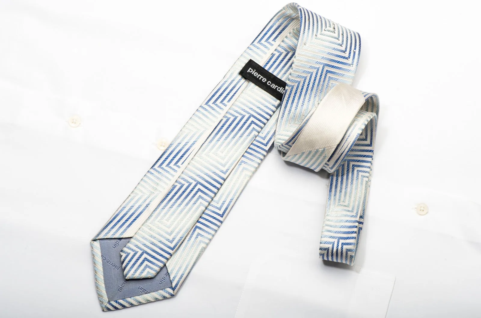 Pierre Cardin Men's Silk Necktie White Chevron Striped On Blue Sparkling With Rhinestones