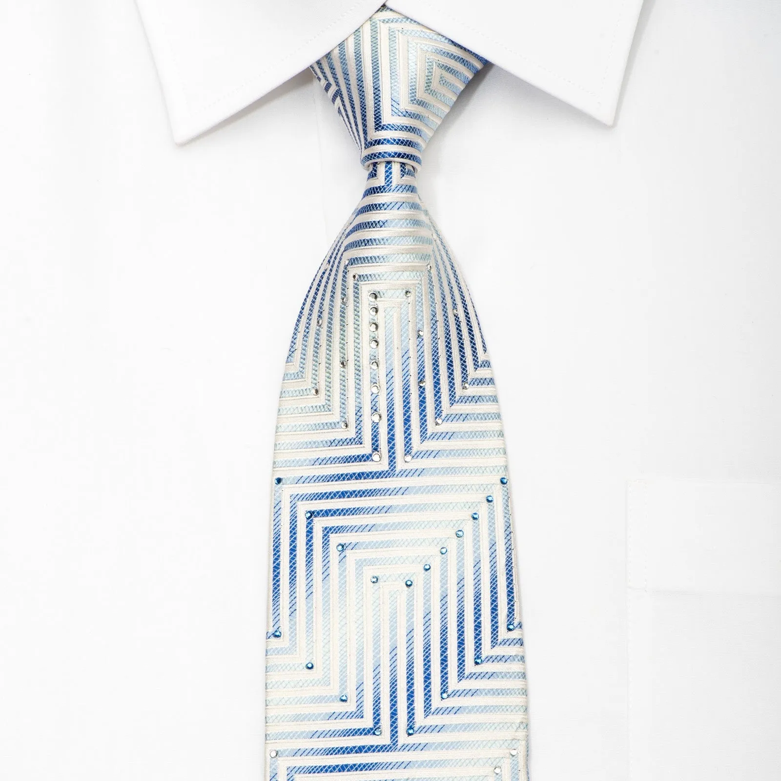 Pierre Cardin Men's Silk Necktie White Chevron Striped On Blue Sparkling With Rhinestones