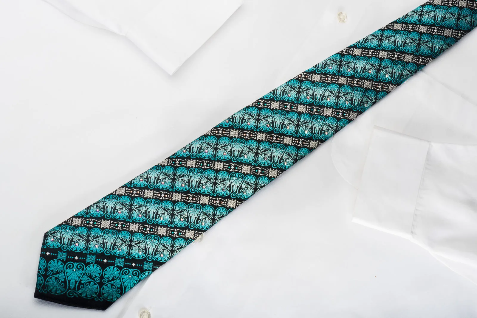 Pierre Cardin Rhinestone Silk Necktie Silver Turquoise Anthemion On Navy With Sparkles