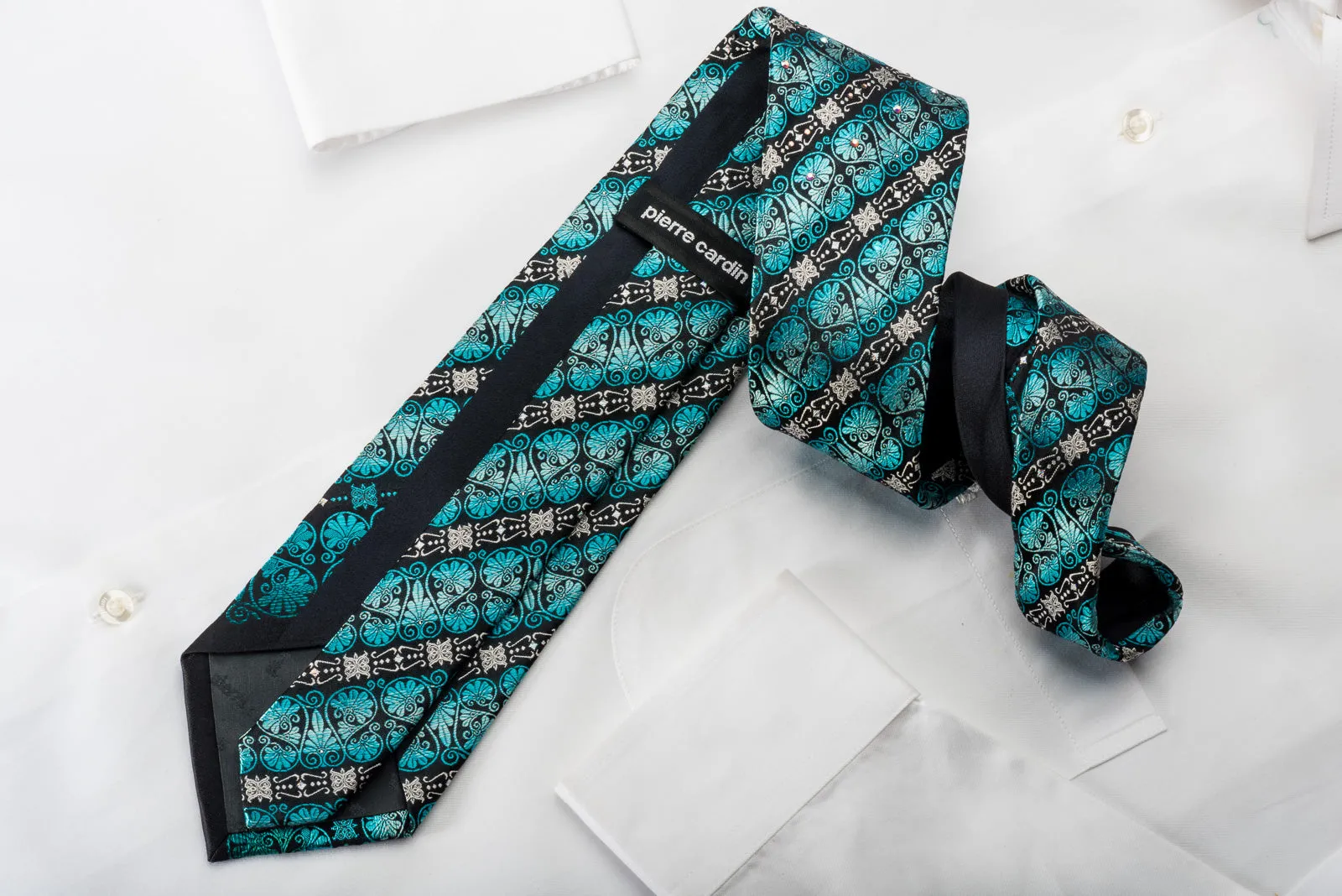 Pierre Cardin Rhinestone Silk Necktie Silver Turquoise Anthemion On Navy With Sparkles