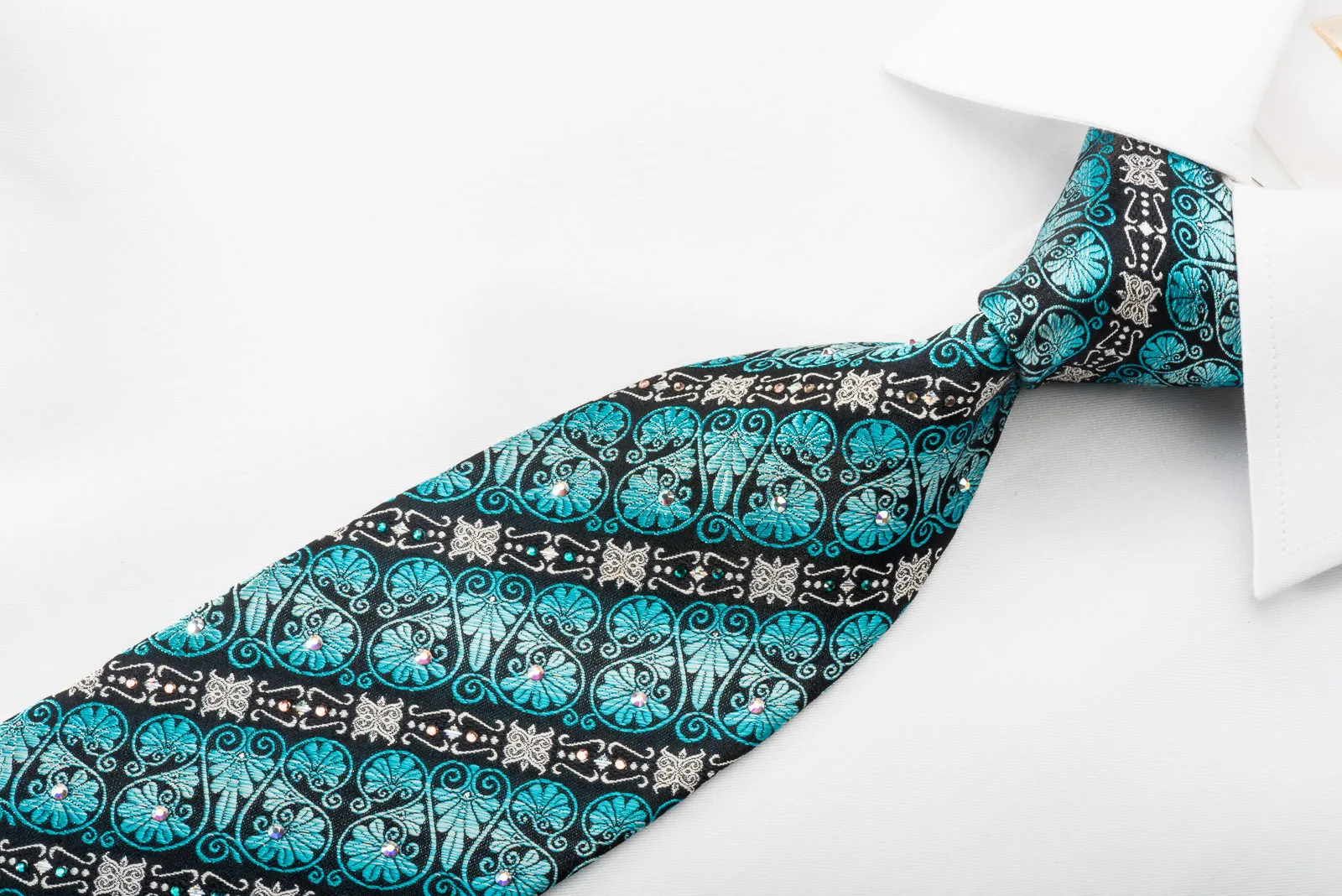 Pierre Cardin Rhinestone Silk Necktie Silver Turquoise Anthemion On Navy With Sparkles