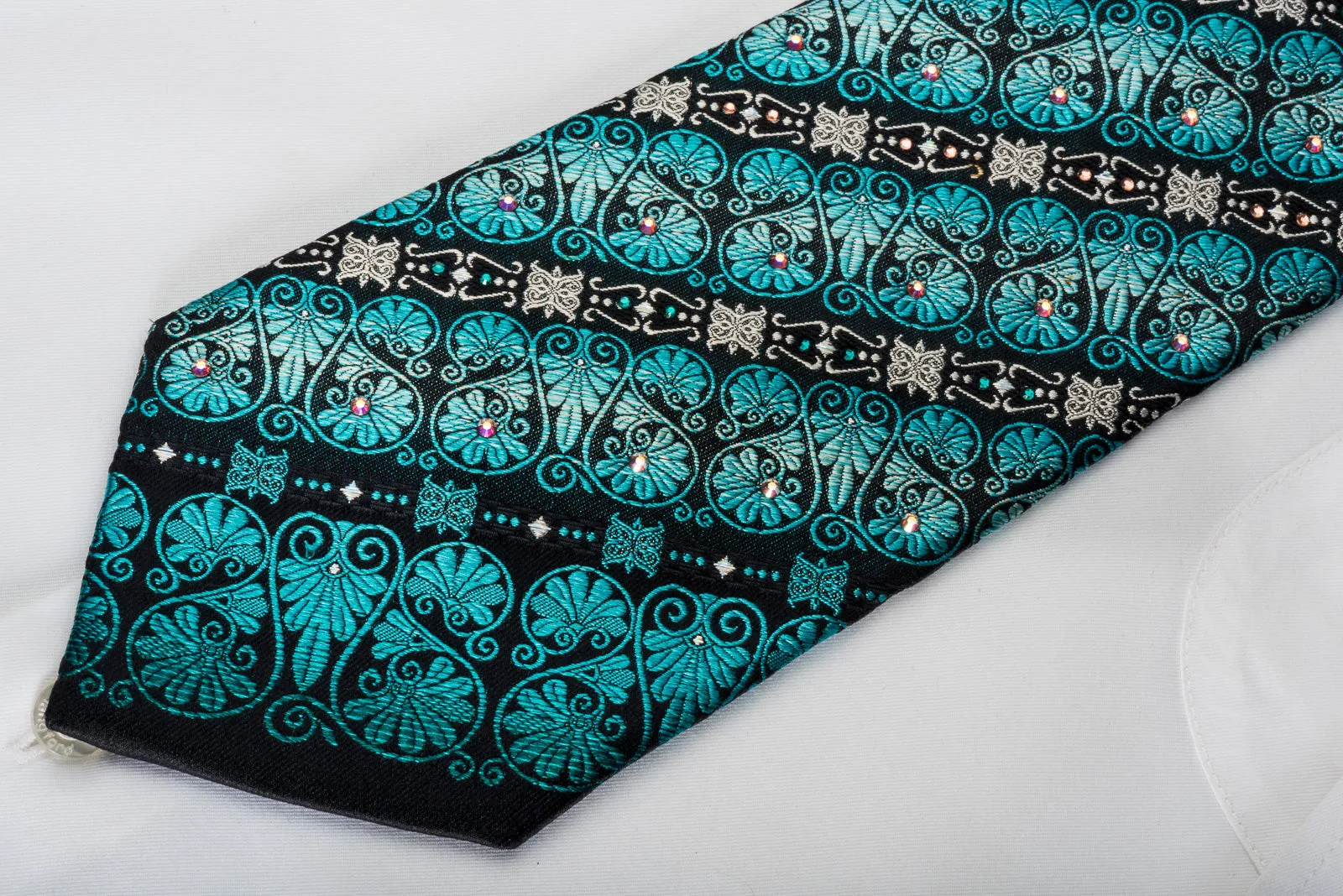 Pierre Cardin Rhinestone Silk Necktie Silver Turquoise Anthemion On Navy With Sparkles