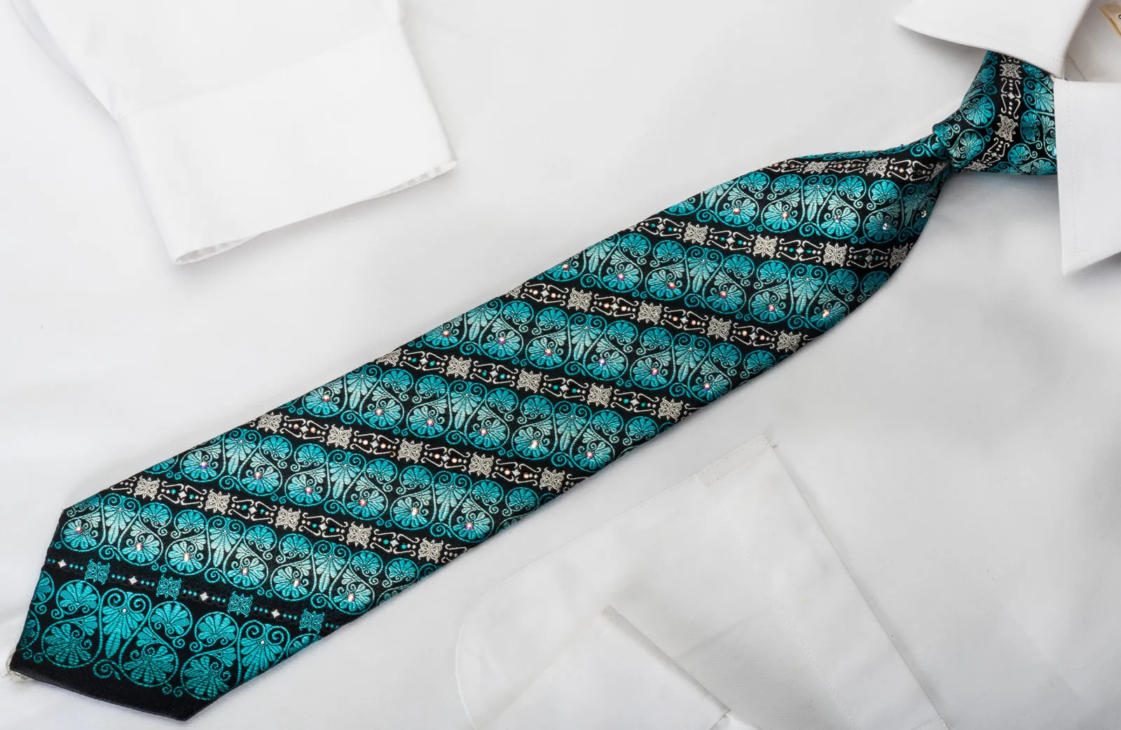 Pierre Cardin Rhinestone Silk Necktie Silver Turquoise Anthemion On Navy With Sparkles