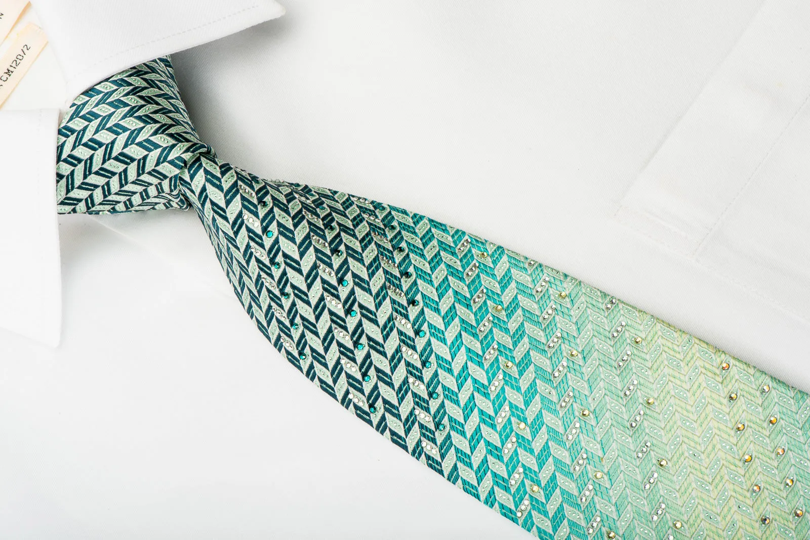 Pierre Cardin Silk Necktie Turquoise Green Herringbone With Rhinestones Silver Sparkles