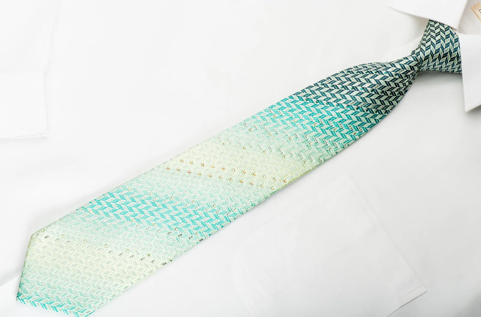 Pierre Cardin Silk Necktie Turquoise Green Herringbone With Rhinestones Silver Sparkles