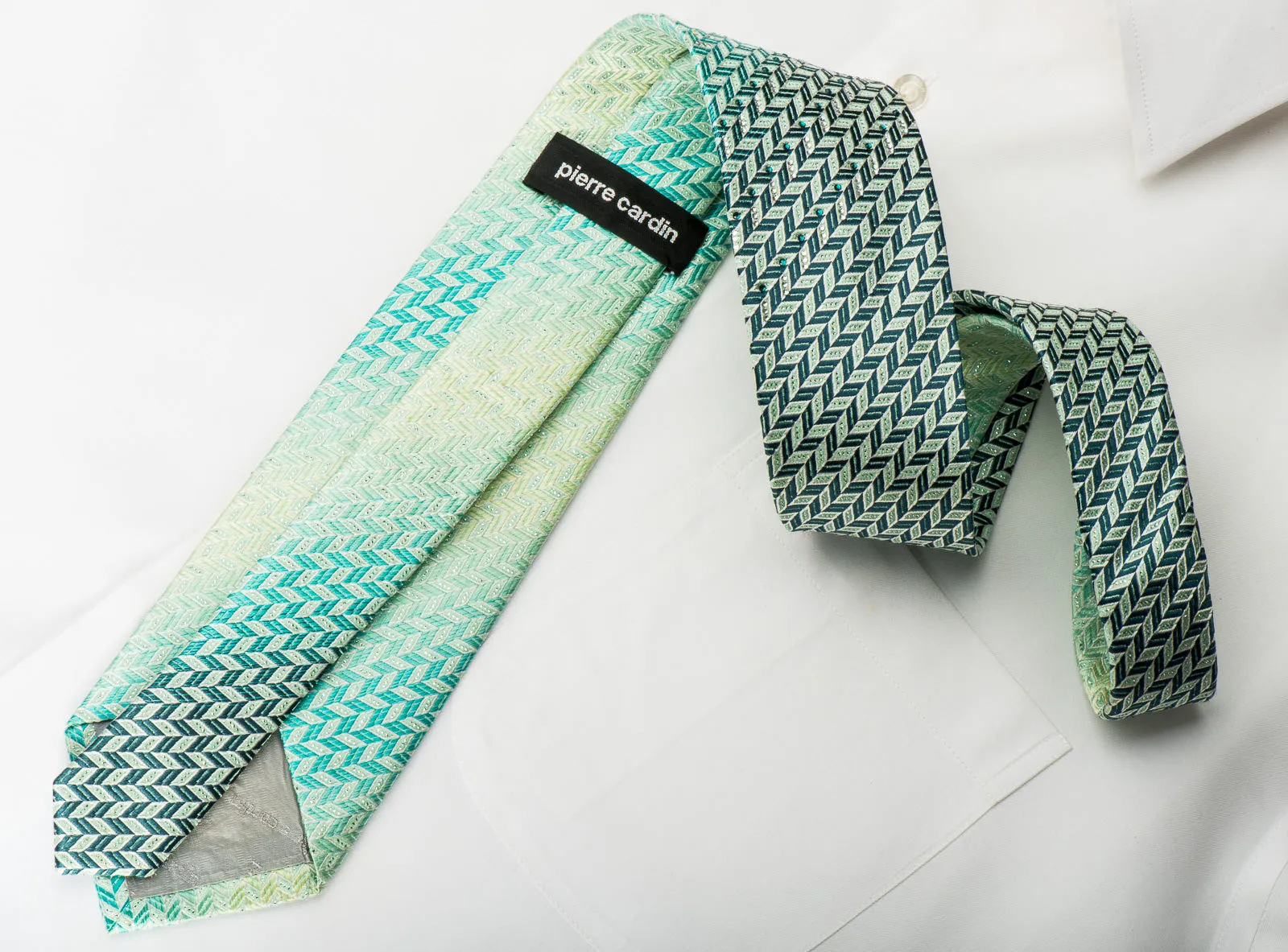 Pierre Cardin Silk Necktie Turquoise Green Herringbone With Rhinestones Silver Sparkles