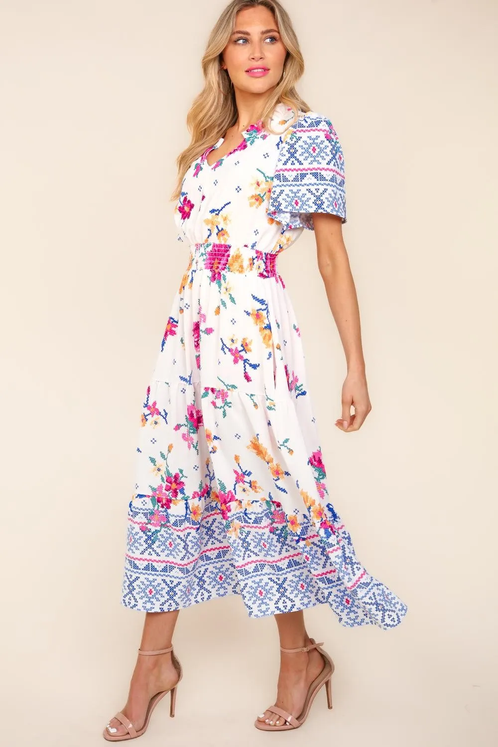 Printed Notched Short Sleeve Tiered Dress