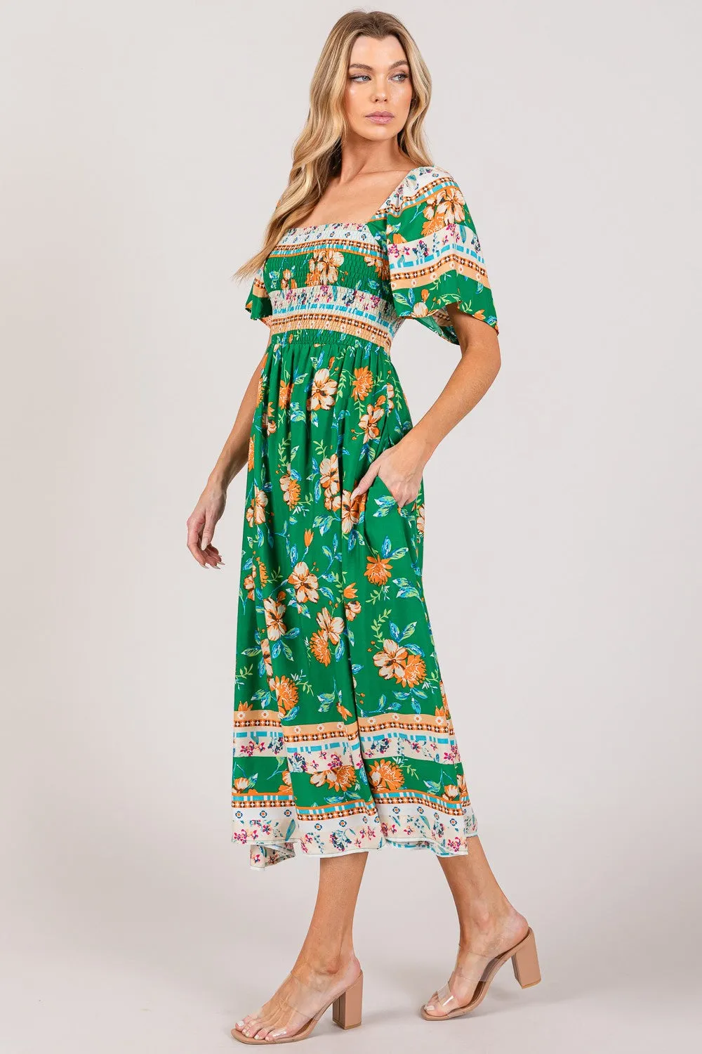 Printed Smocked Short Sleeve Midi Dress