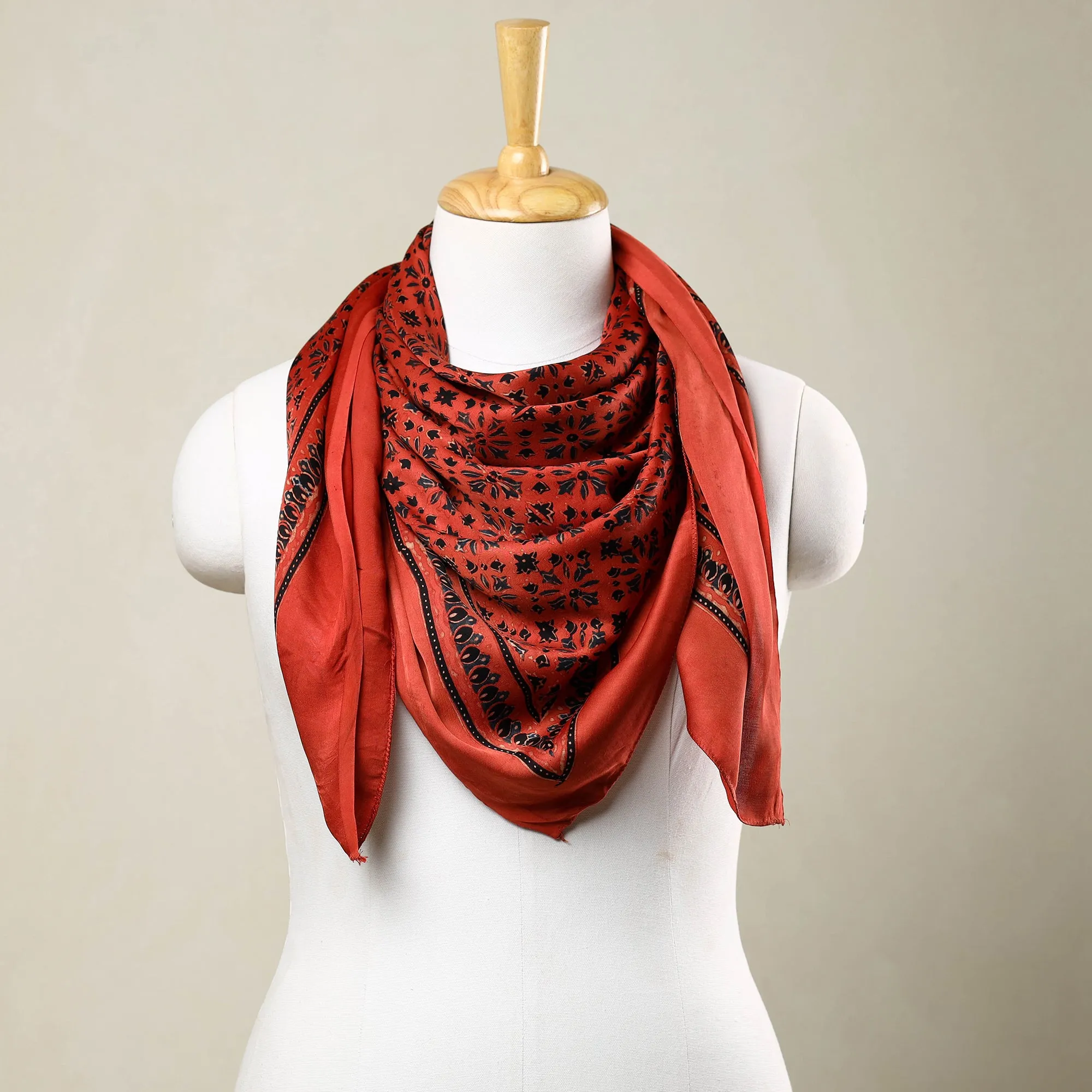 Red - Ajrakh Block Printed Modal Silk Scarf