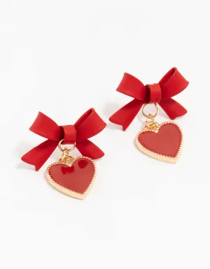 Red & Gold Coated Bow Drop Heart Stud Earrings