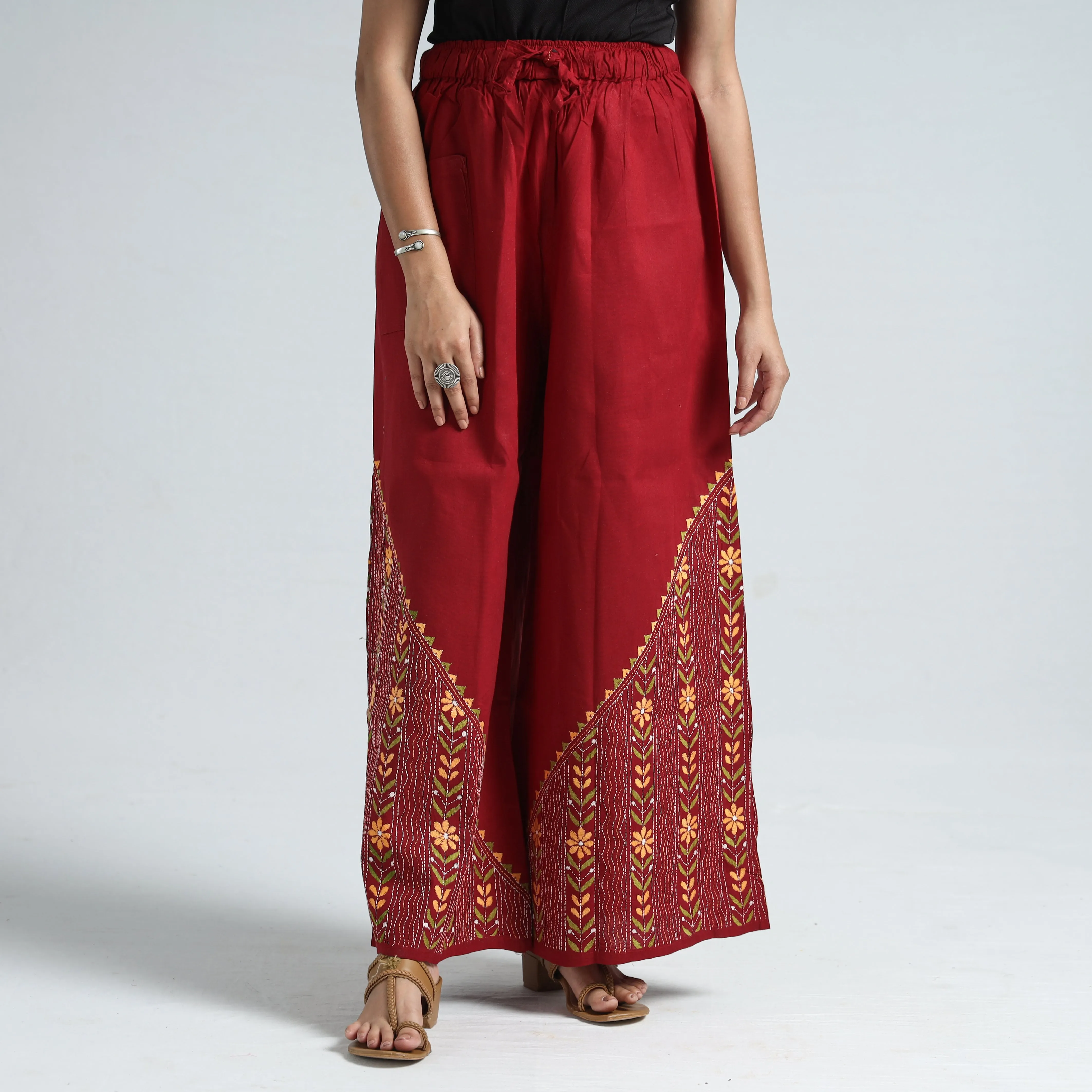 Red - Bengal Kantha Embroidery Cotton Palazzo 71