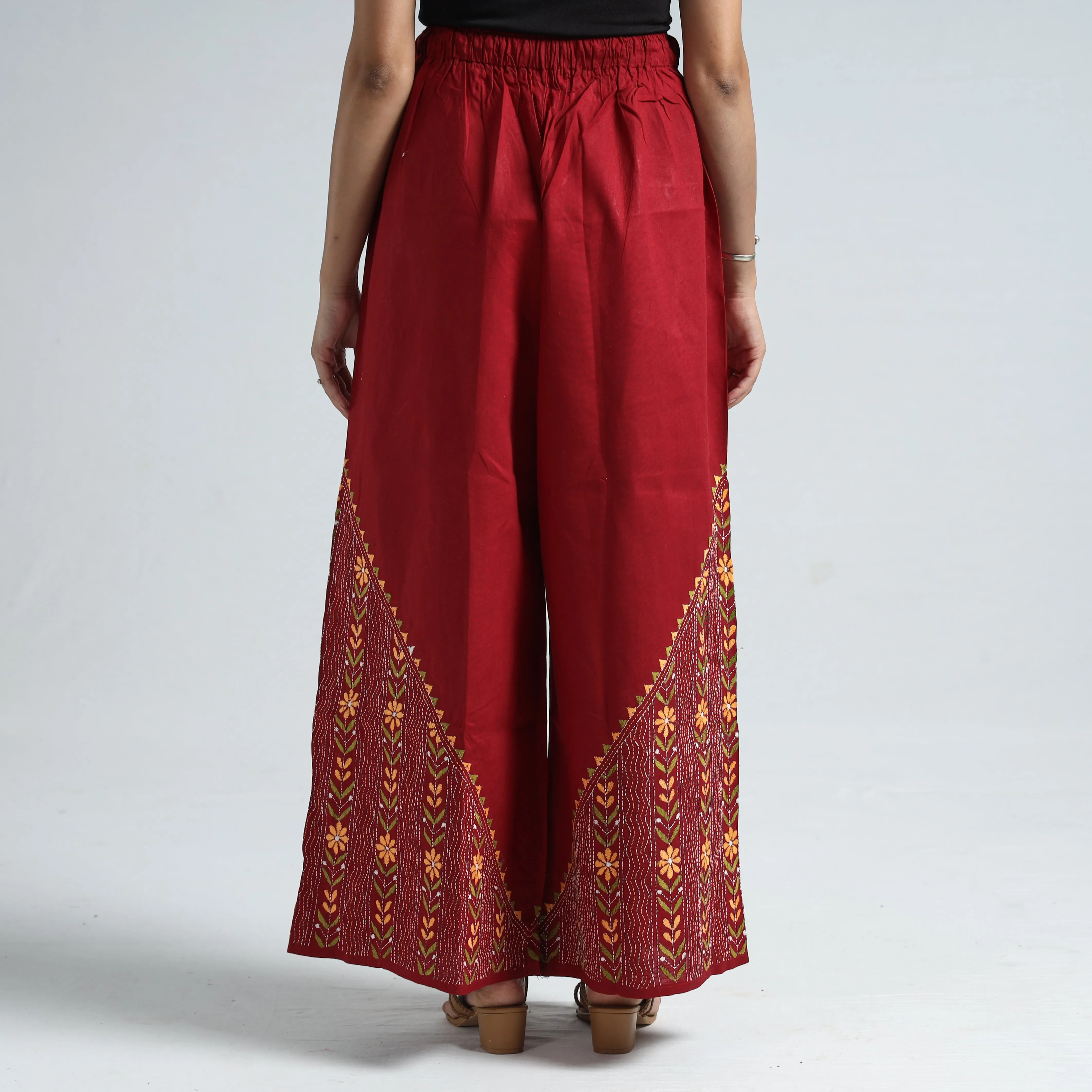 Red - Bengal Kantha Embroidery Cotton Palazzo 71