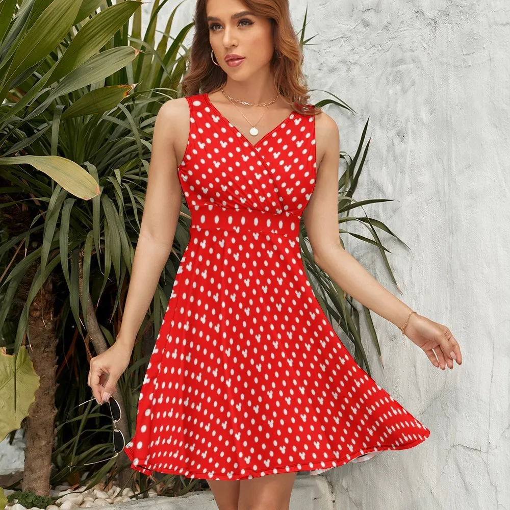 Red With White Mickey Polka Dots V-Neck Sleeveless Dress