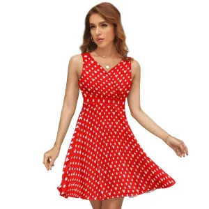 Red With White Mickey Polka Dots V-Neck Sleeveless Dress