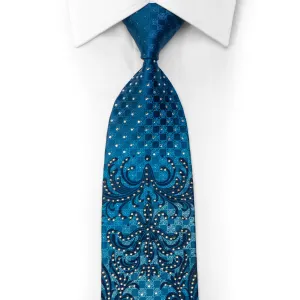 Remizio Men's Rhinestone Silk Necktie Damask On Blue With Sparkles