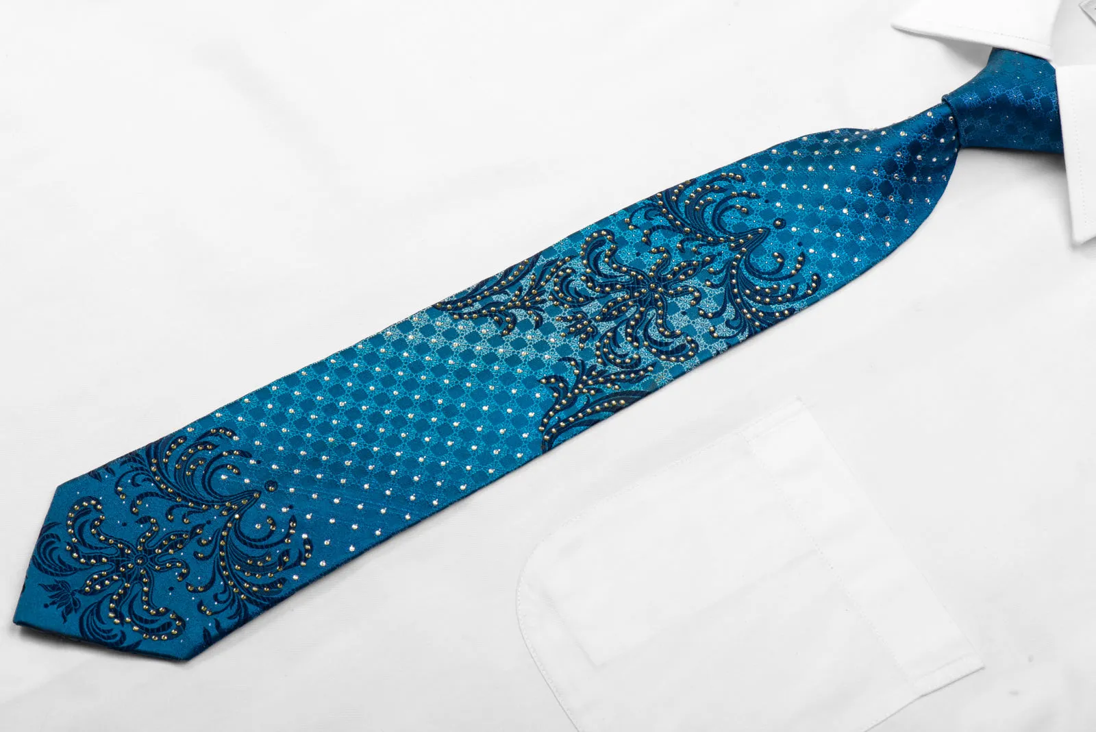 Remizio Men's Rhinestone Silk Necktie Damask On Blue With Sparkles