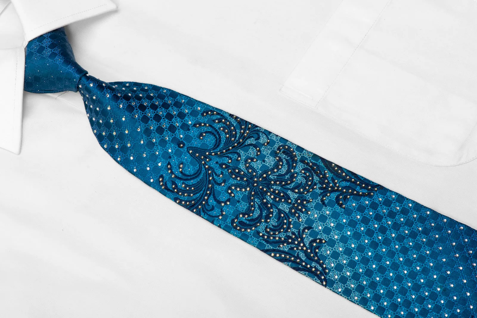 Remizio Men's Rhinestone Silk Necktie Damask On Blue With Sparkles