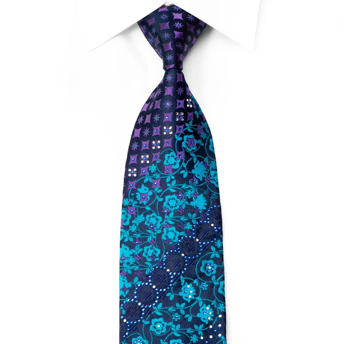 Roygen Rhinestone Tie Geometric On Floral On Navy With Sparkles