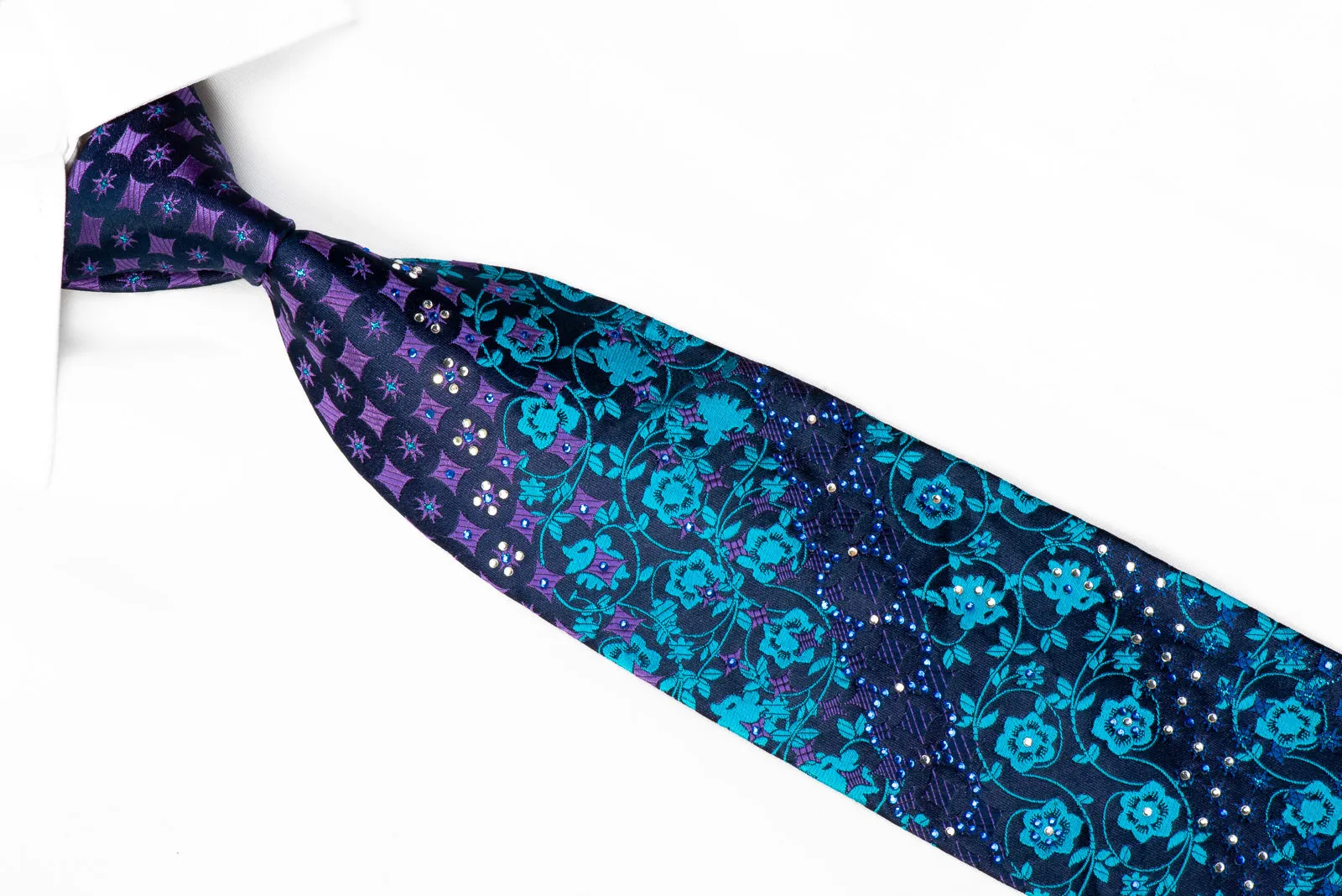 Roygen Rhinestone Tie Geometric On Floral On Navy With Sparkles