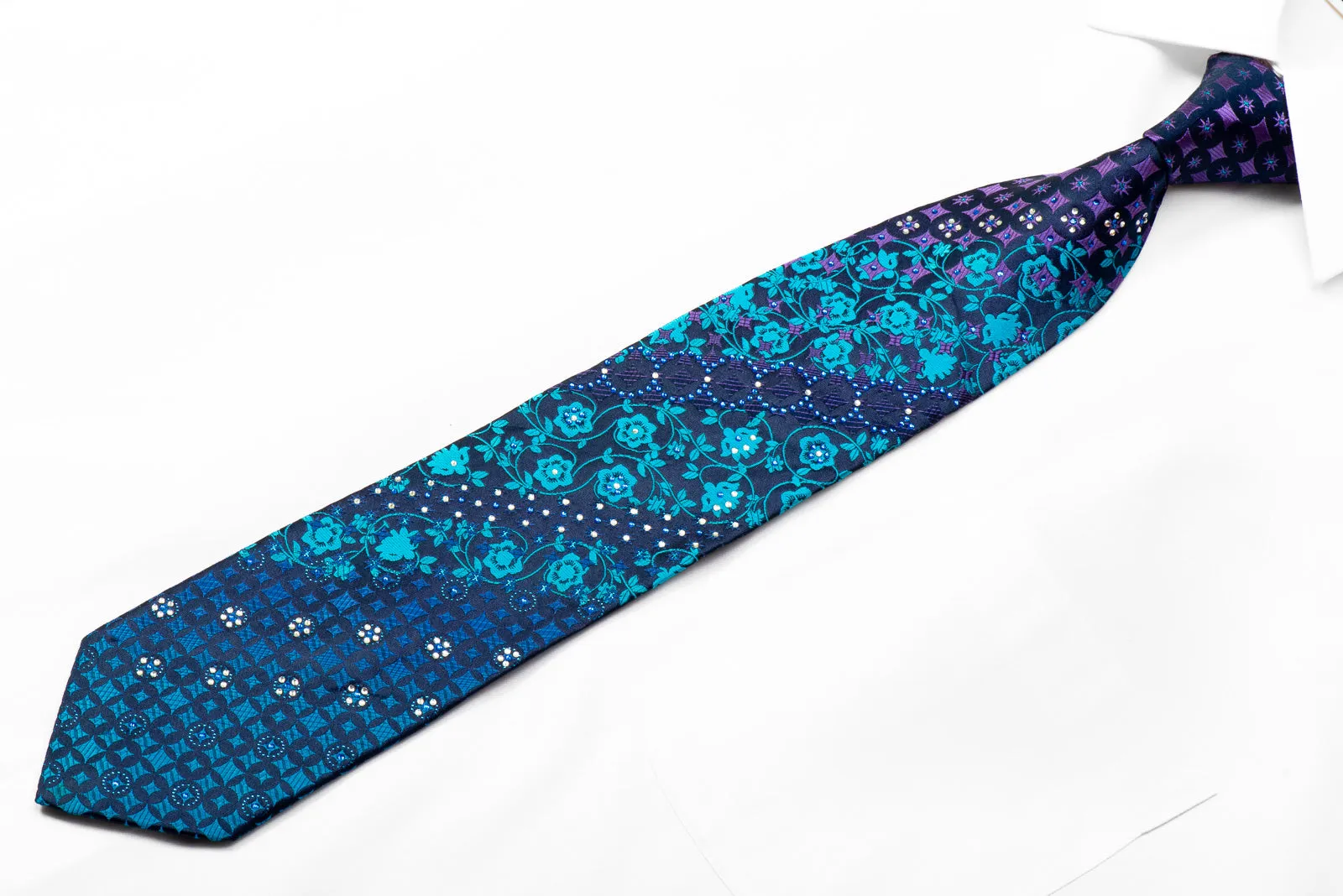 Roygen Rhinestone Tie Geometric On Floral On Navy With Sparkles