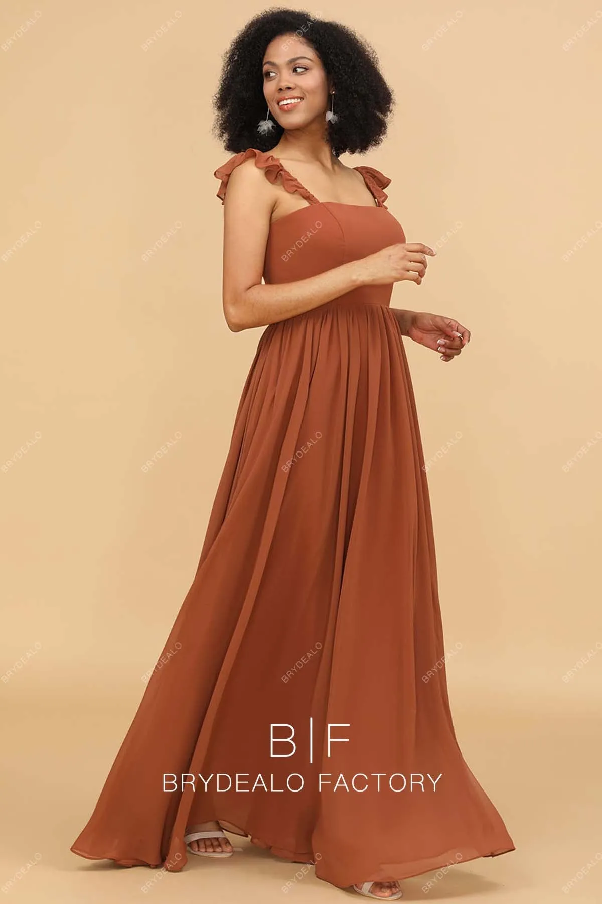 Rusty Chiffon Pretty Flutter Sleeve A-line Formal Dress