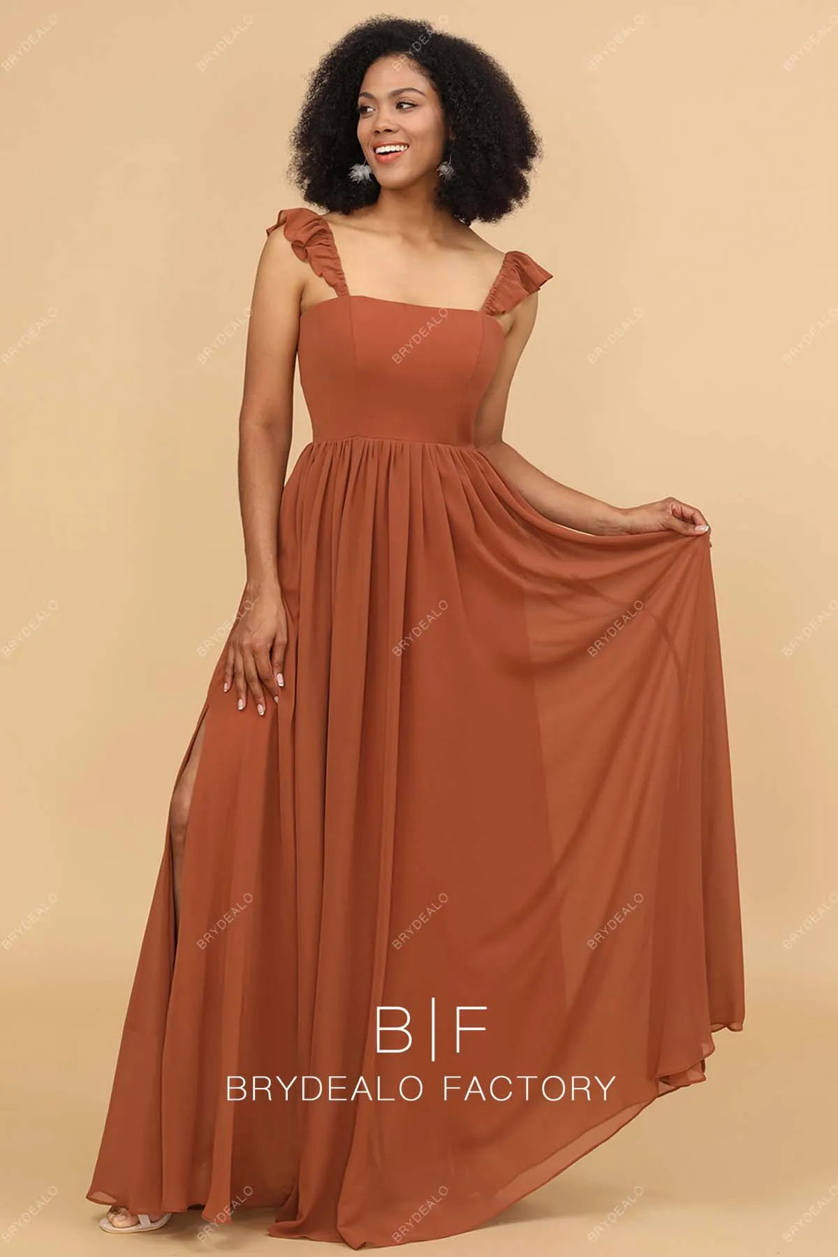 Rusty Chiffon Pretty Flutter Sleeve A-line Formal Dress