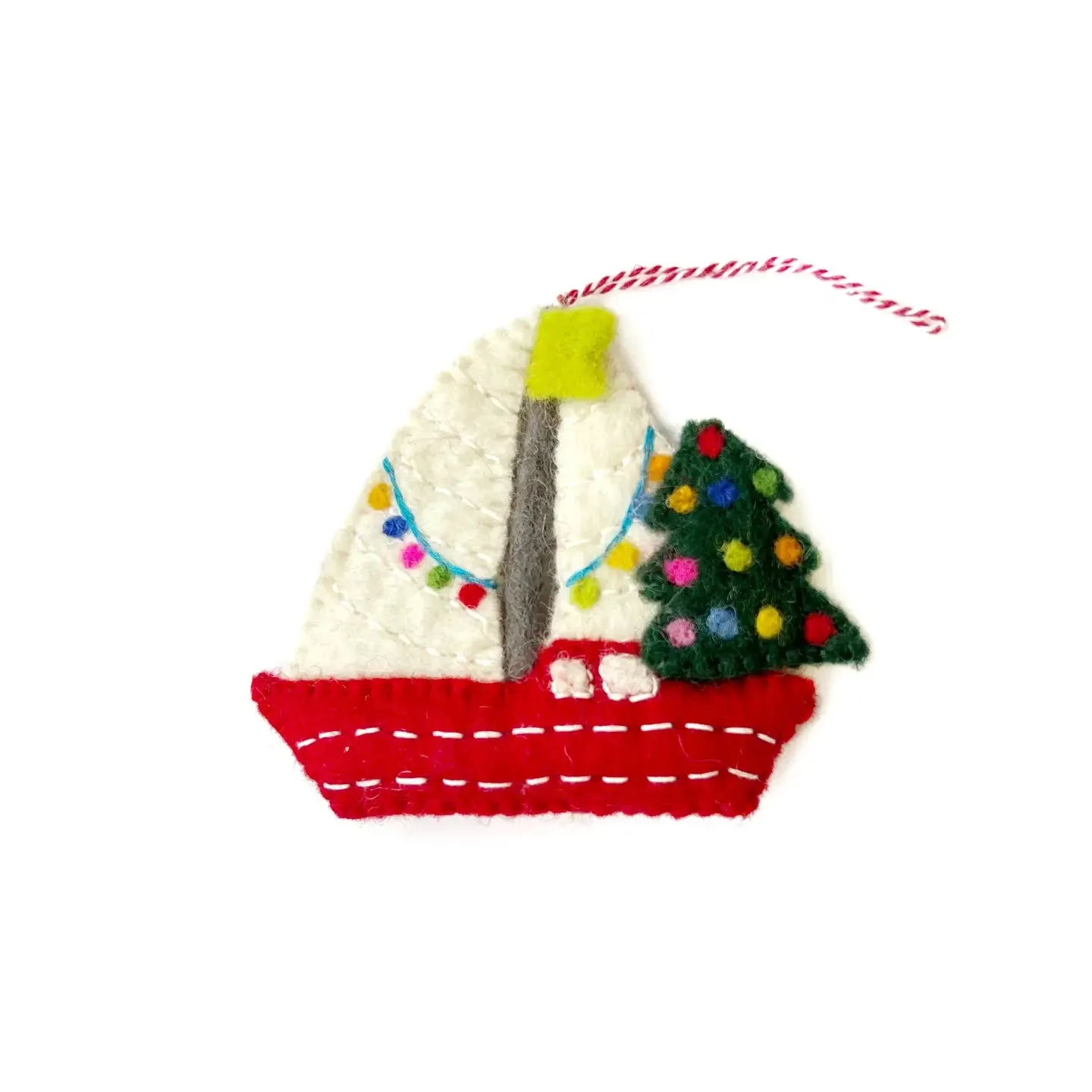 Sailboat with Tree Felt Wool Holiday Ornament