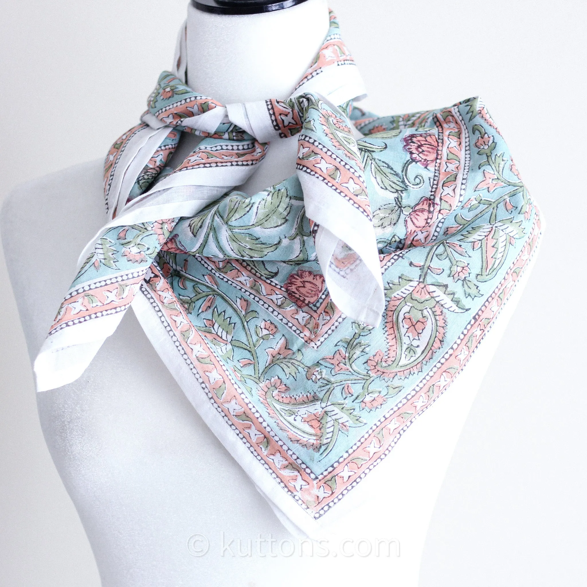 Sanganeri Hand-Block Printed Cotton Bandana - Soft, Lightweight, Airy | Aqua Green, 42x43"