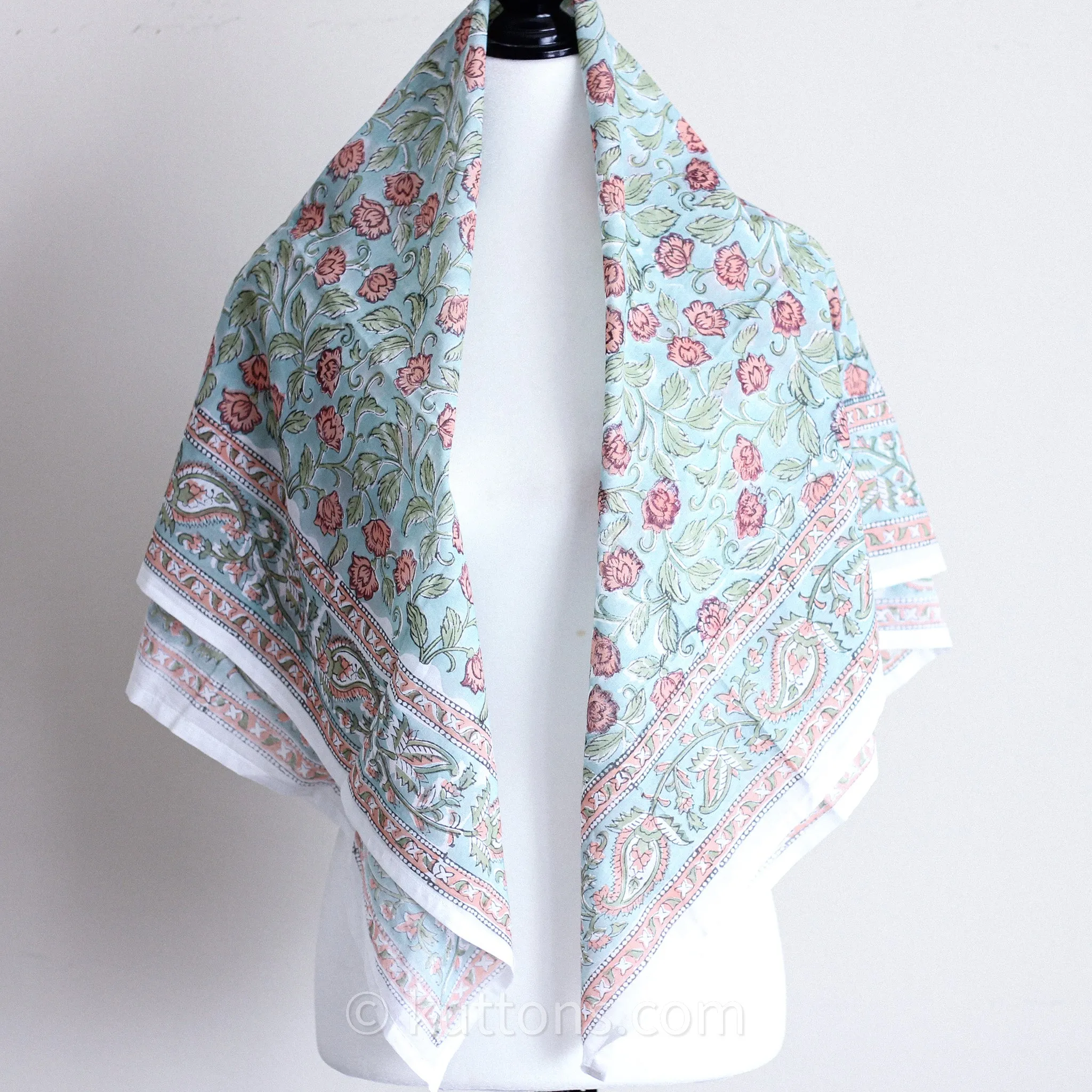 Sanganeri Hand-Block Printed Cotton Bandana - Soft, Lightweight, Airy | Aqua Green, 42x43"