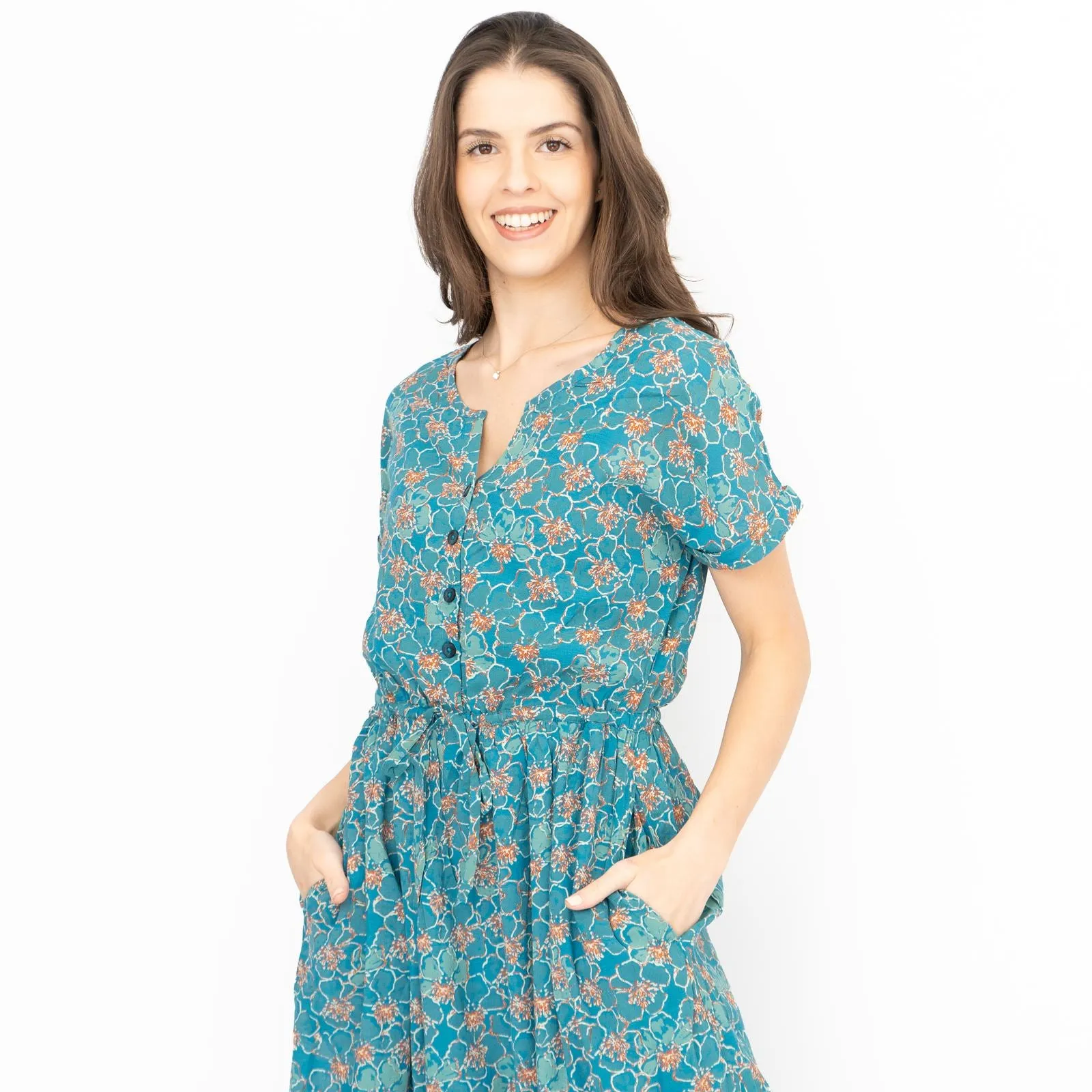 Seasalt Teal True Note Painted Rose Midi Dress