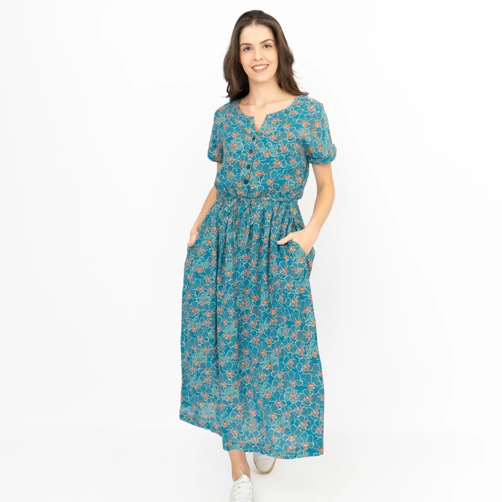 Seasalt Teal True Note Painted Rose Midi Dress