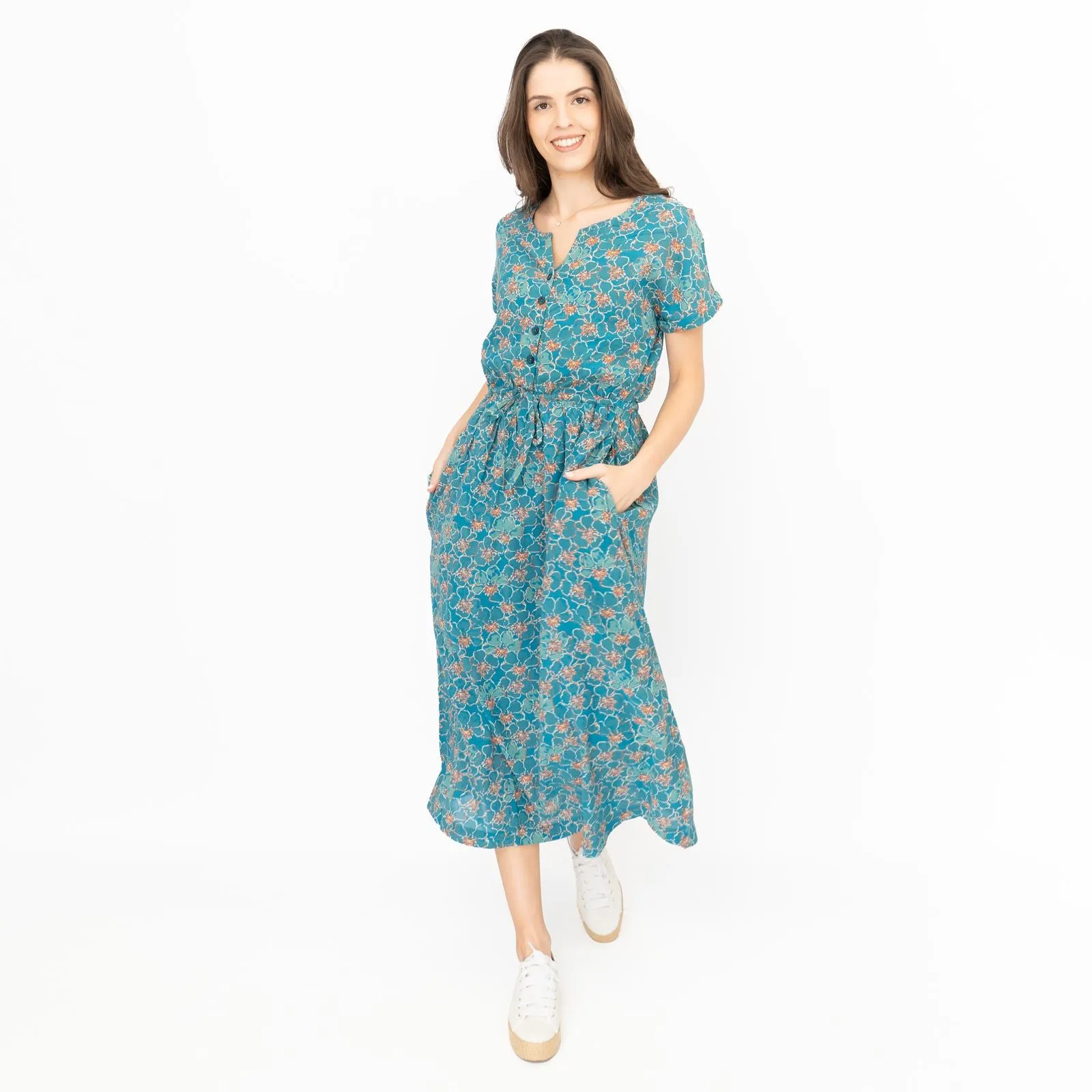 Seasalt Teal True Note Painted Rose Midi Dress