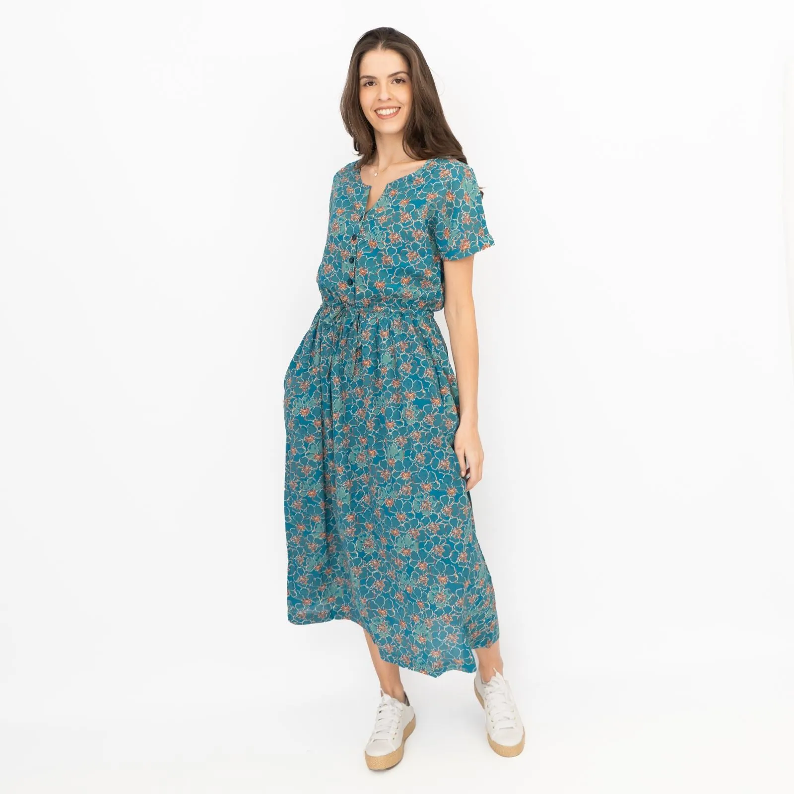 Seasalt Teal True Note Painted Rose Midi Dress