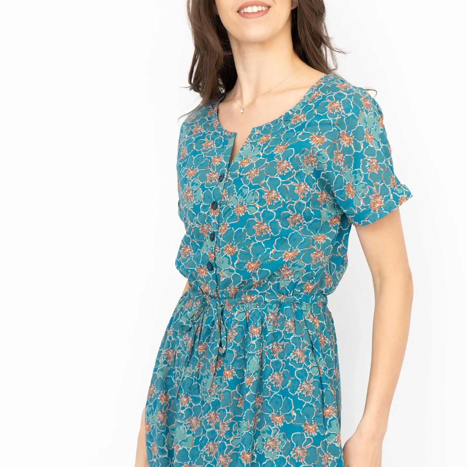 Seasalt Teal True Note Painted Rose Midi Dress