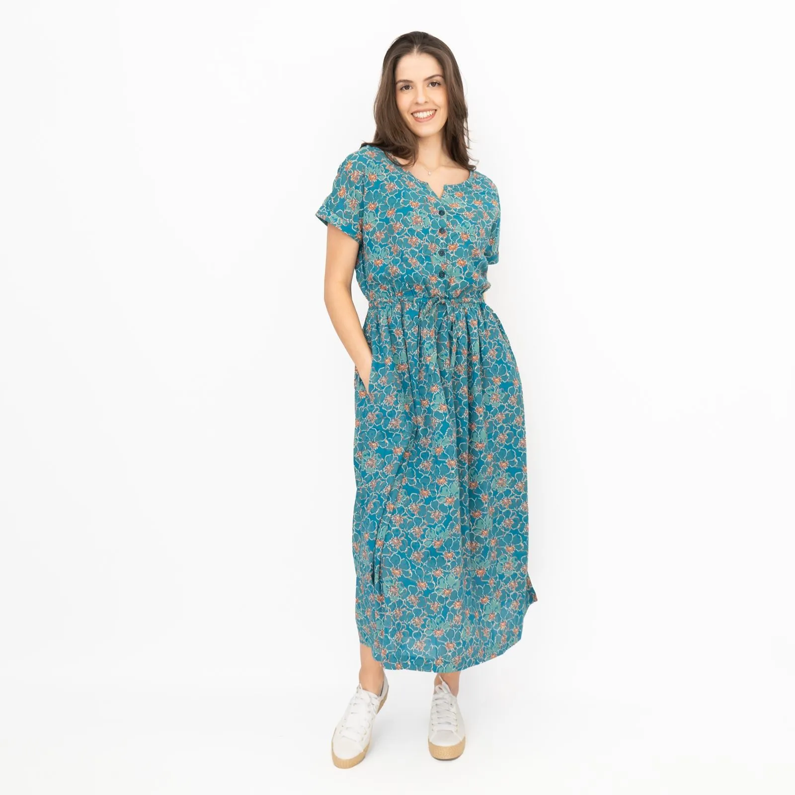 Seasalt Teal True Note Painted Rose Midi Dress