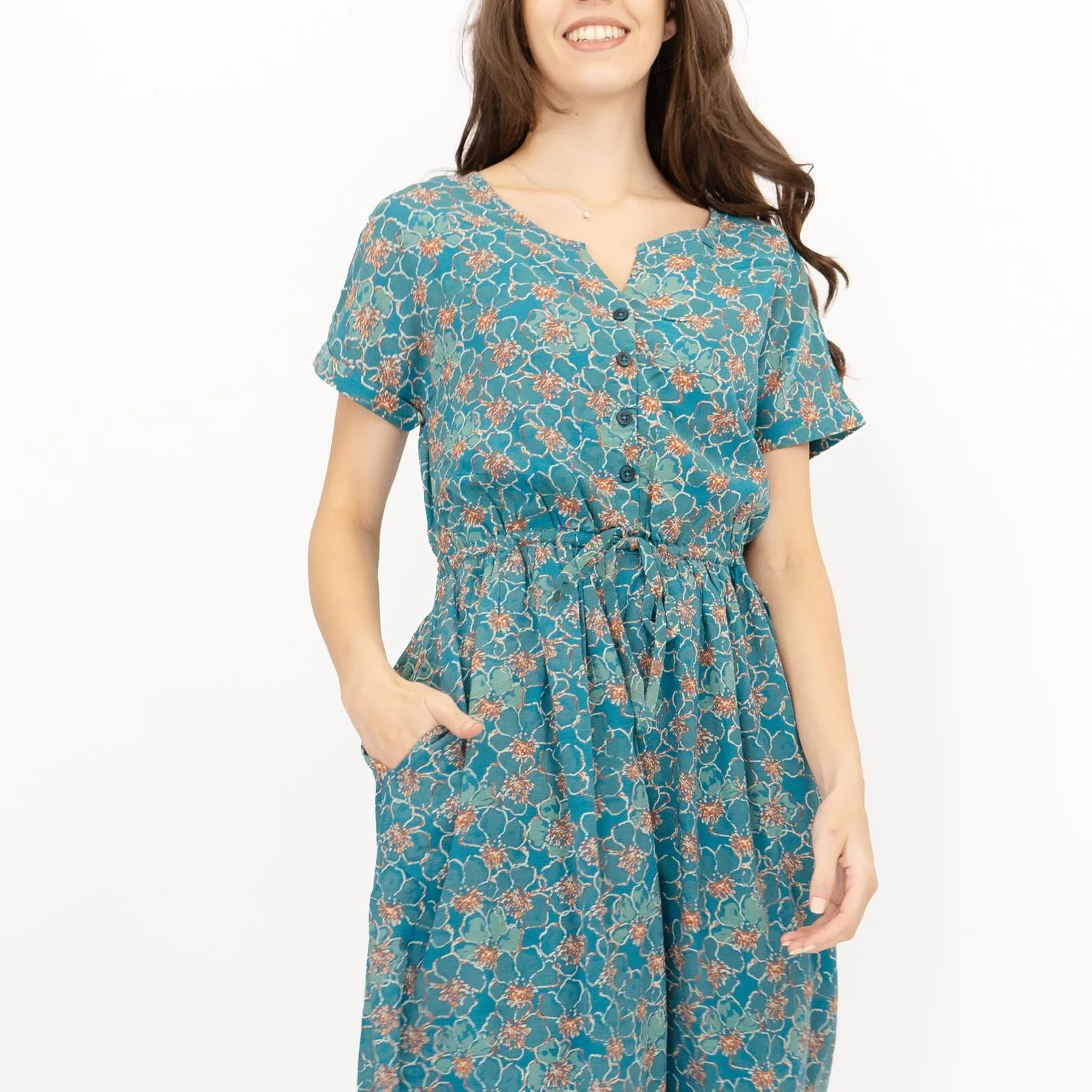 Seasalt Teal True Note Painted Rose Midi Dress