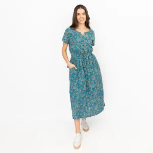 Seasalt Teal True Note Painted Rose Midi Dress