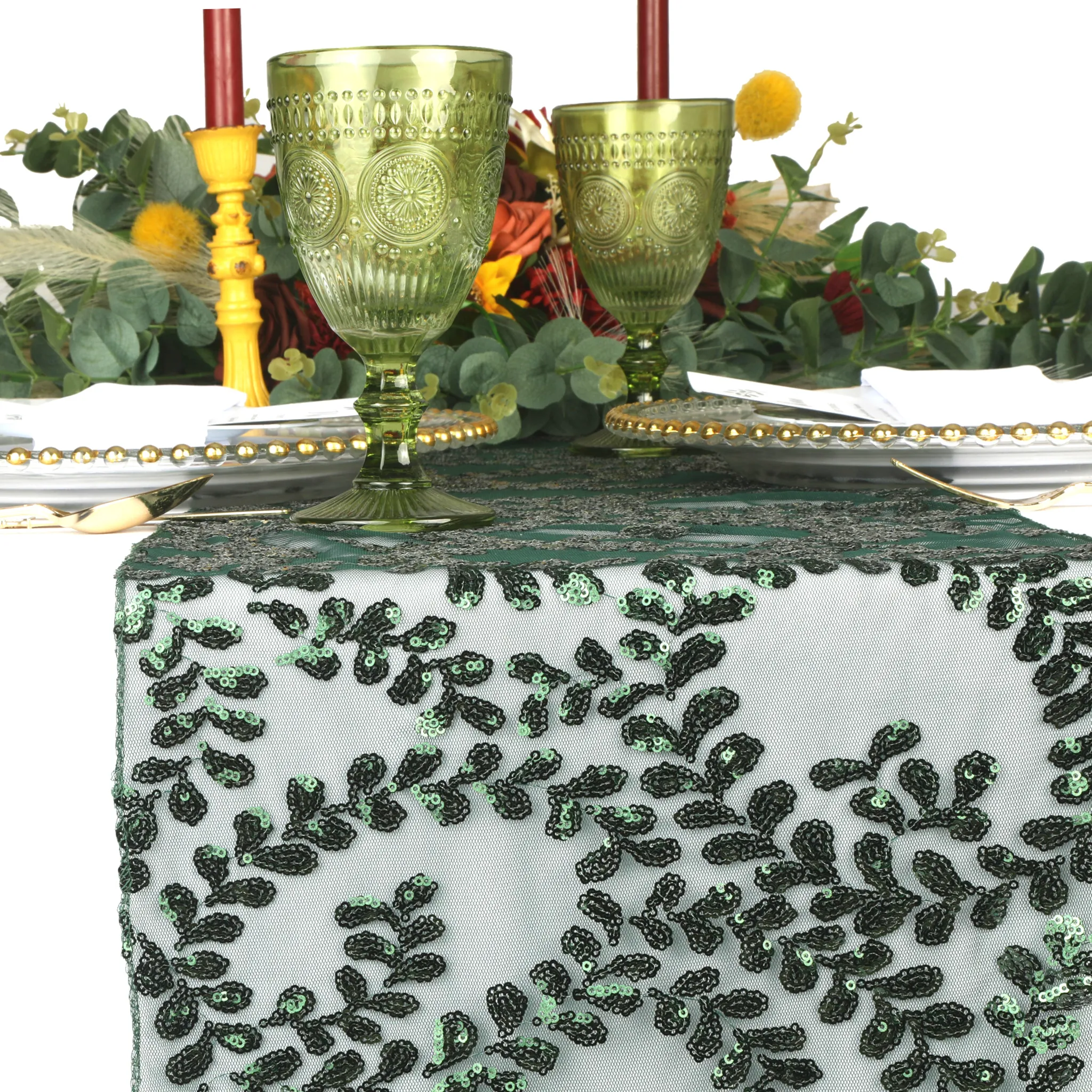 Sequin Vine Table Runner - Emerald Green