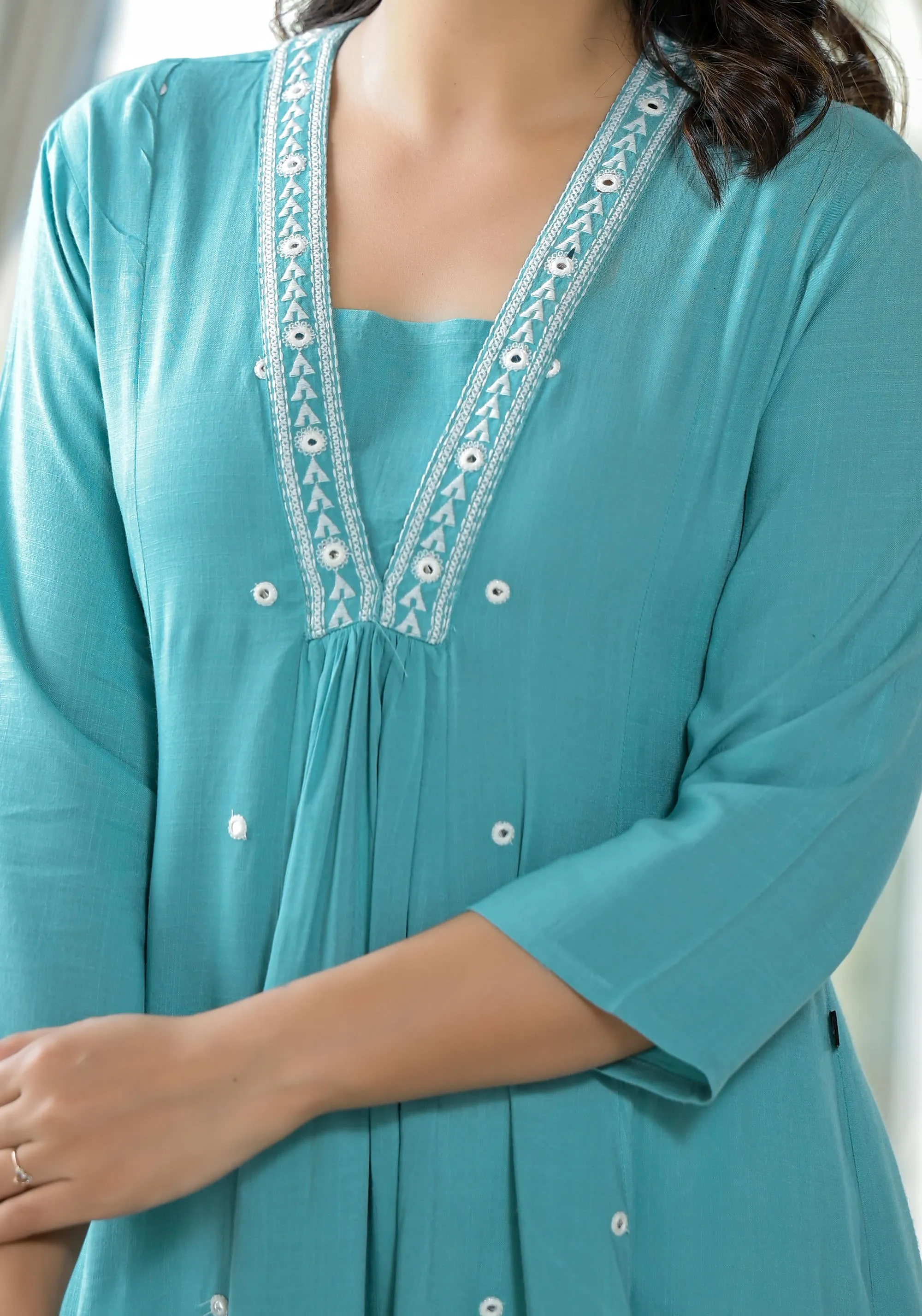 Sky Blue Thread Embroidered Liva Rayon Kurta With Mirror Work