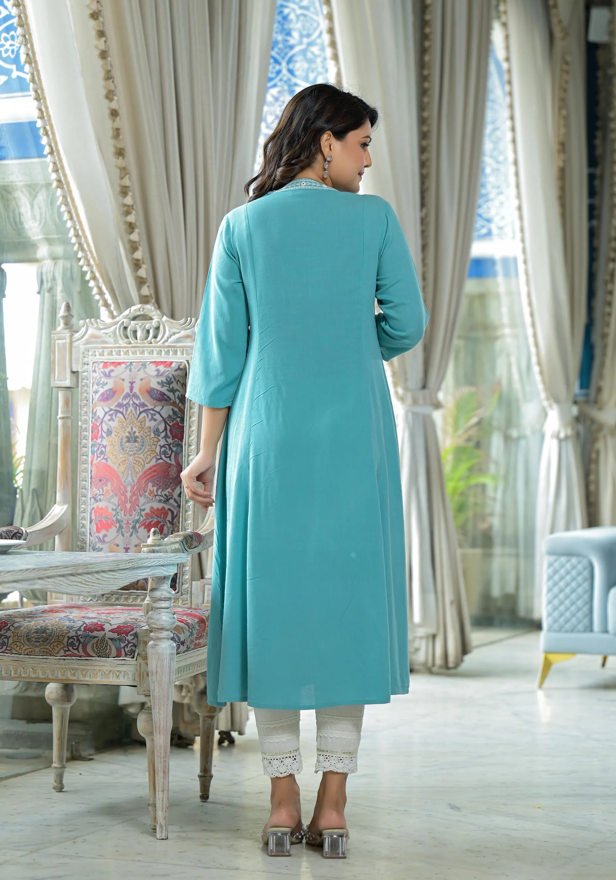 Sky Blue Thread Embroidered Liva Rayon Kurta With Mirror Work