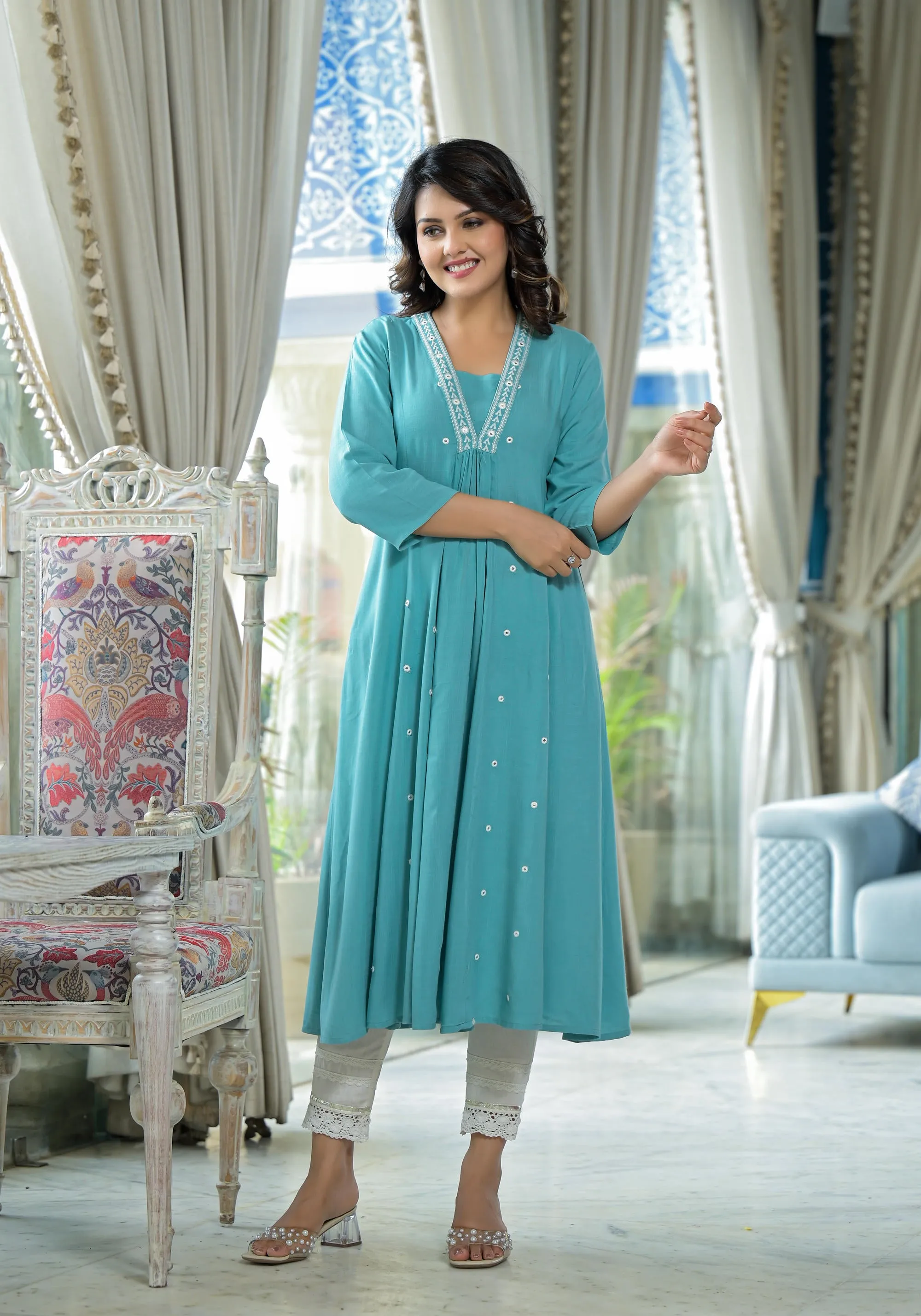 Sky Blue Thread Embroidered Liva Rayon Kurta With Mirror Work