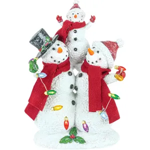 Snowman Family Figurine Wearing Red Scarves & Christmas Lights