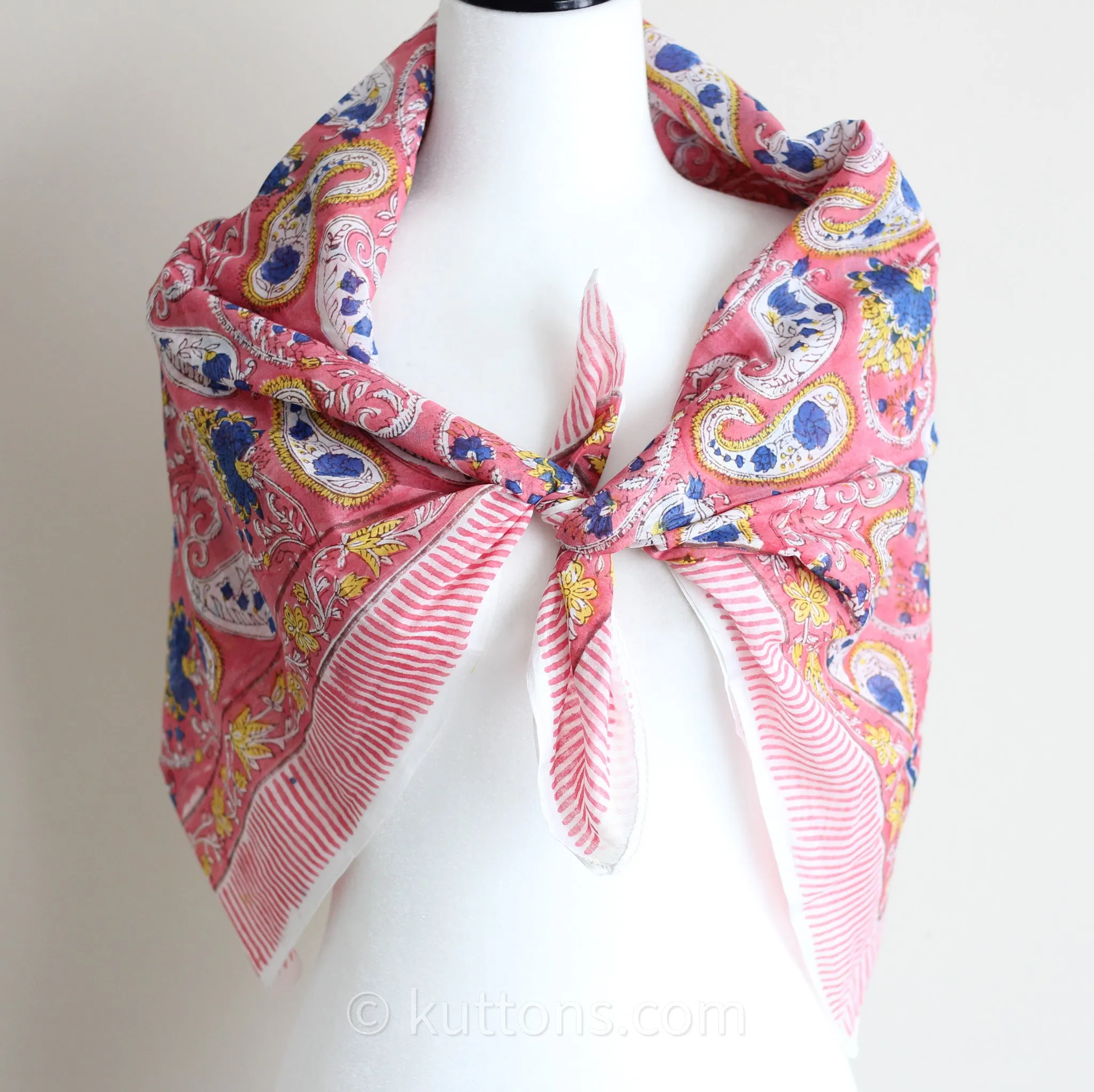 Soft Mul Cotton Bandana Scarf - Sanganeri Hand-Block Printed | Pink, 45x44"