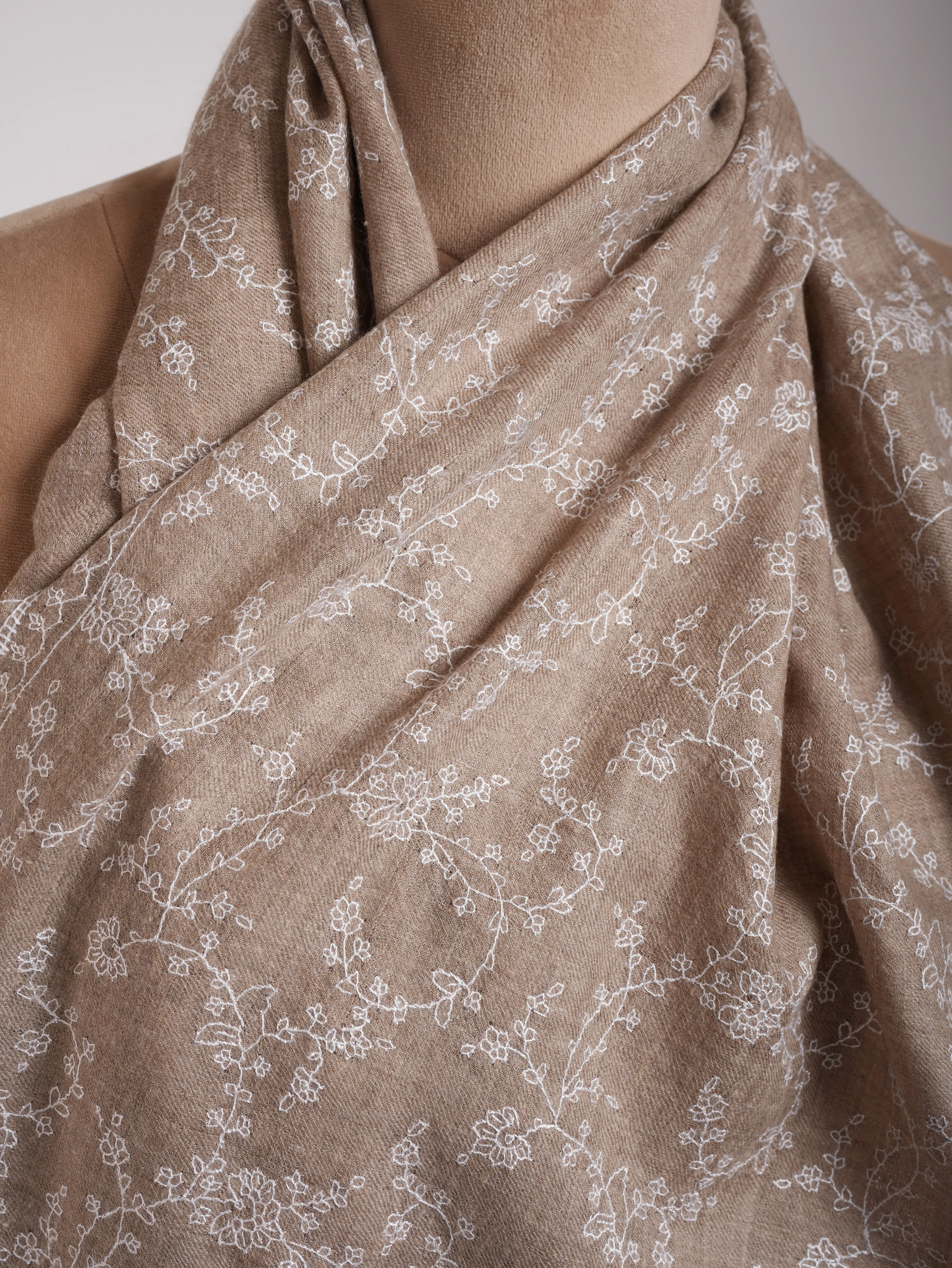 Thin Natural Grey Cashmere Scarf with White Sozni Embroidery