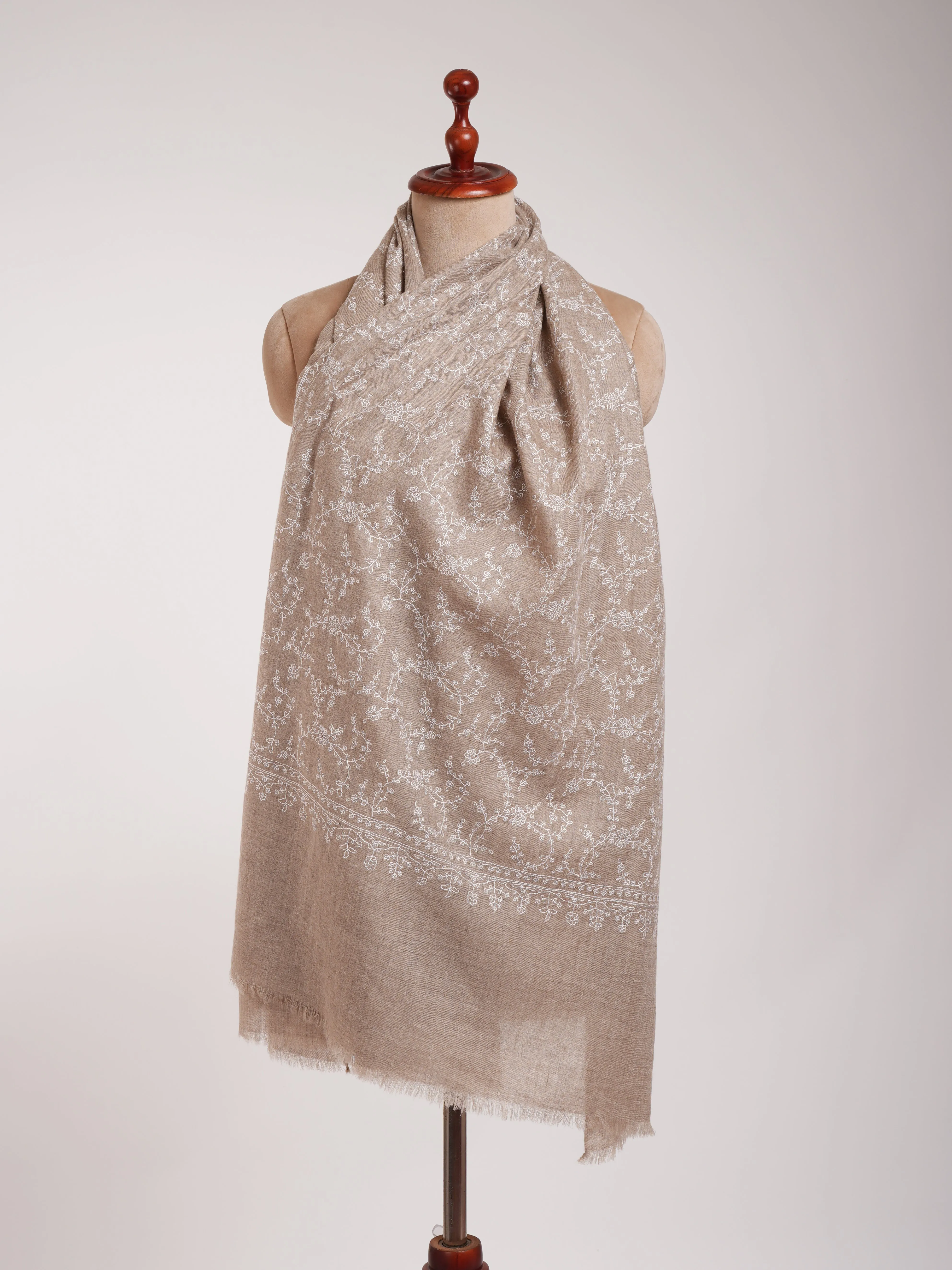 Thin Natural Grey Cashmere Scarf with White Sozni Embroidery