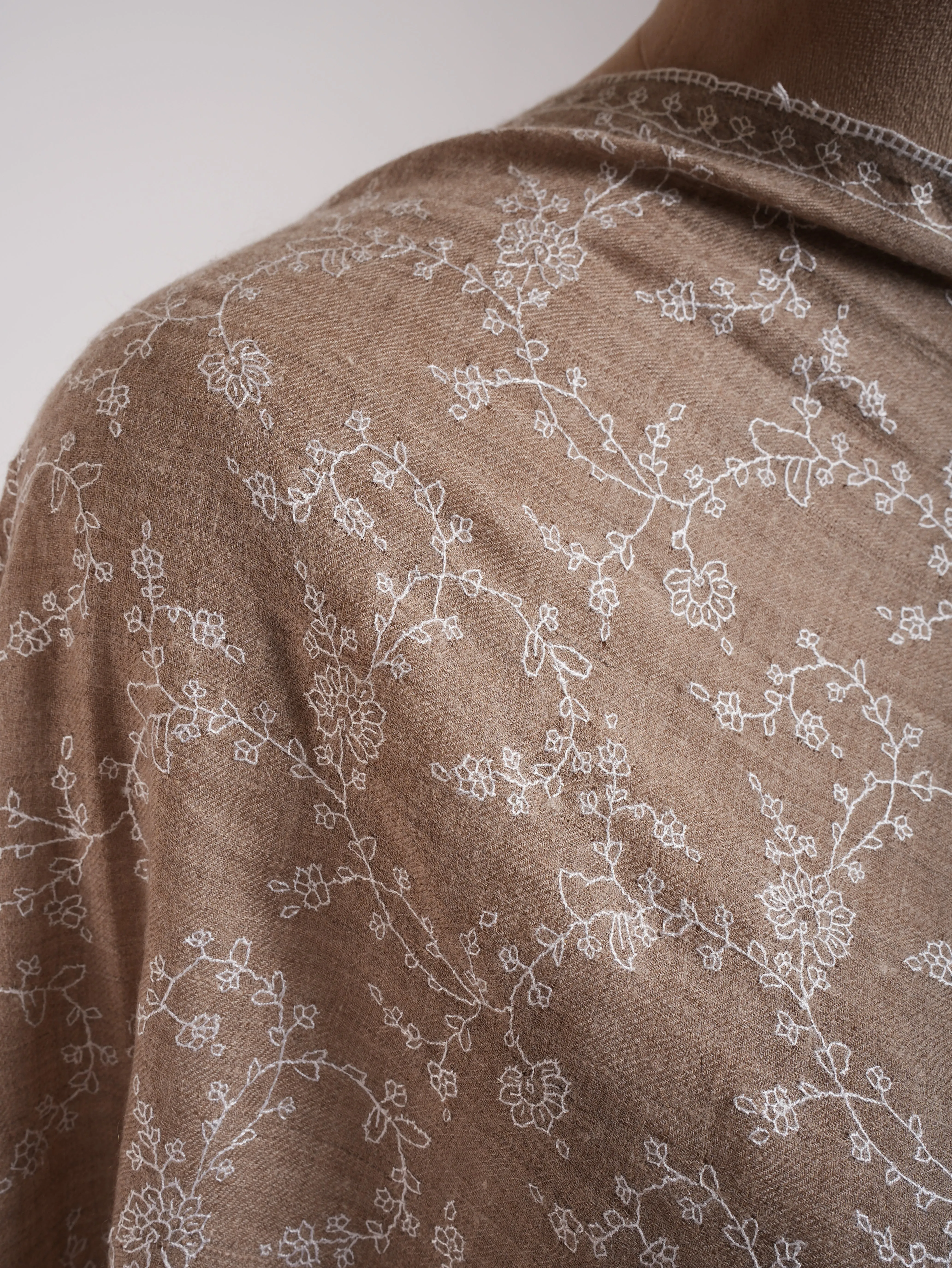 Thin Natural Grey Cashmere Scarf with White Sozni Embroidery