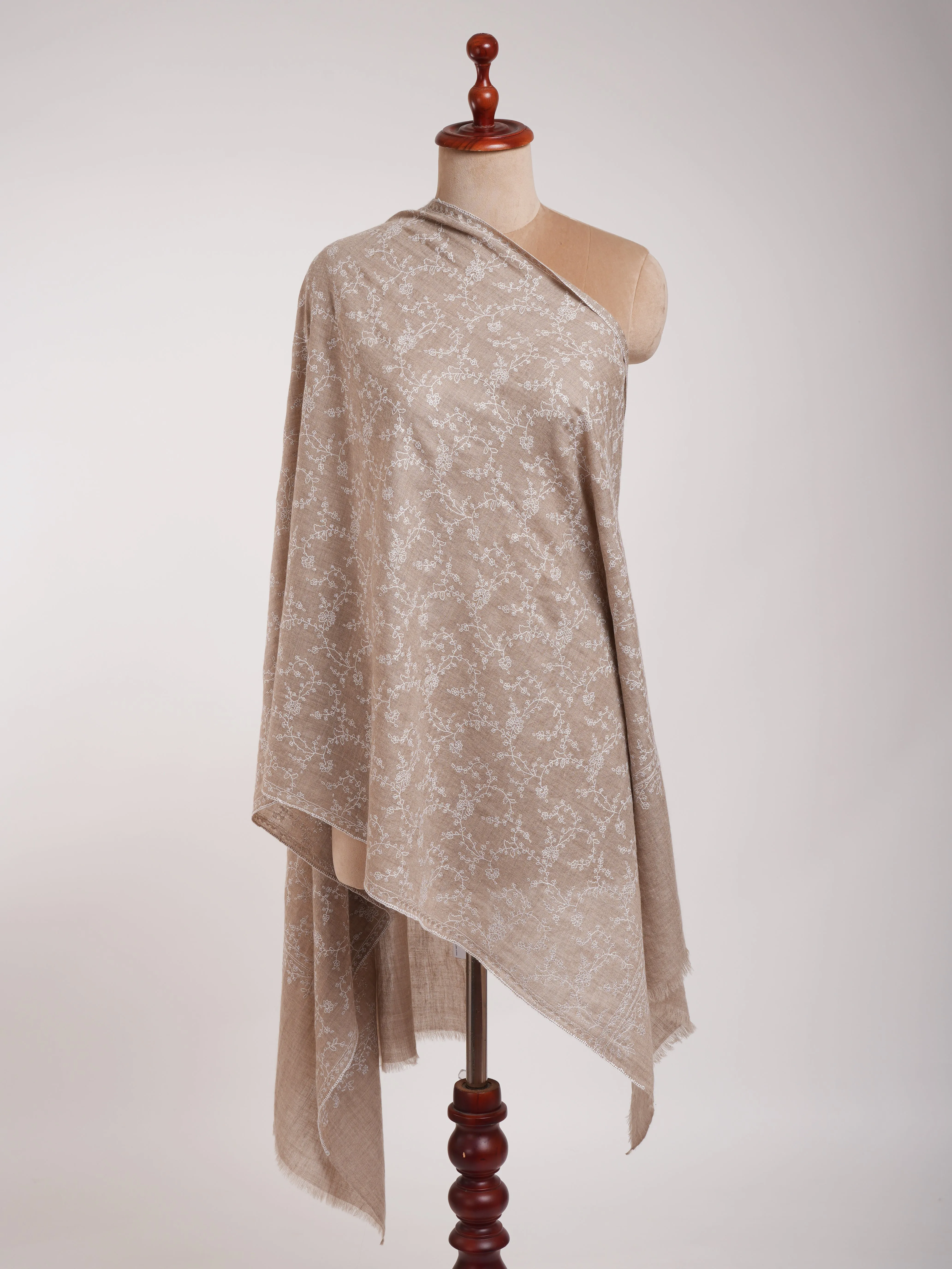 Thin Natural Grey Cashmere Scarf with White Sozni Embroidery