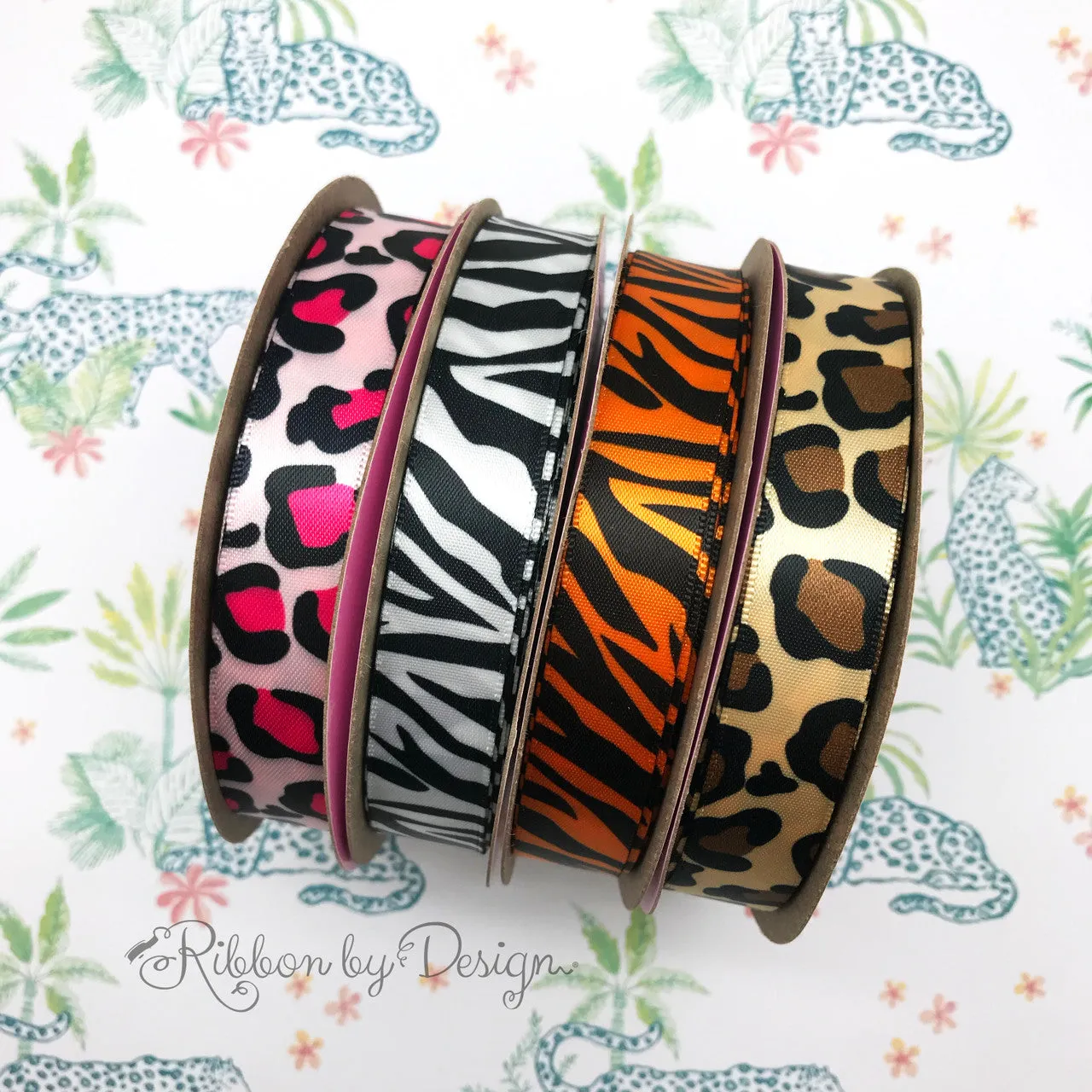 Tiger stripes ribbon in black on 5/8" tangerine satin