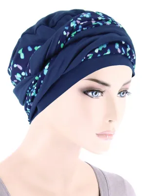 TWIST2-306#Twisty Turban in Buttery Soft Navy Lilac Multi Dot