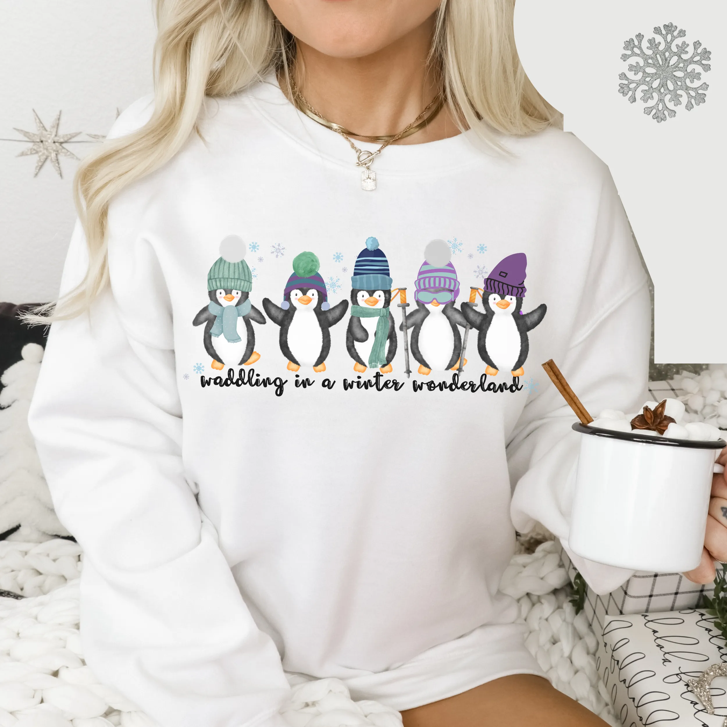 Waddling In A Winter Wonderland Women's Unisex Crewneck Sweatshirt Cute Winter Penguins in Hats and Scarves Funny Winter